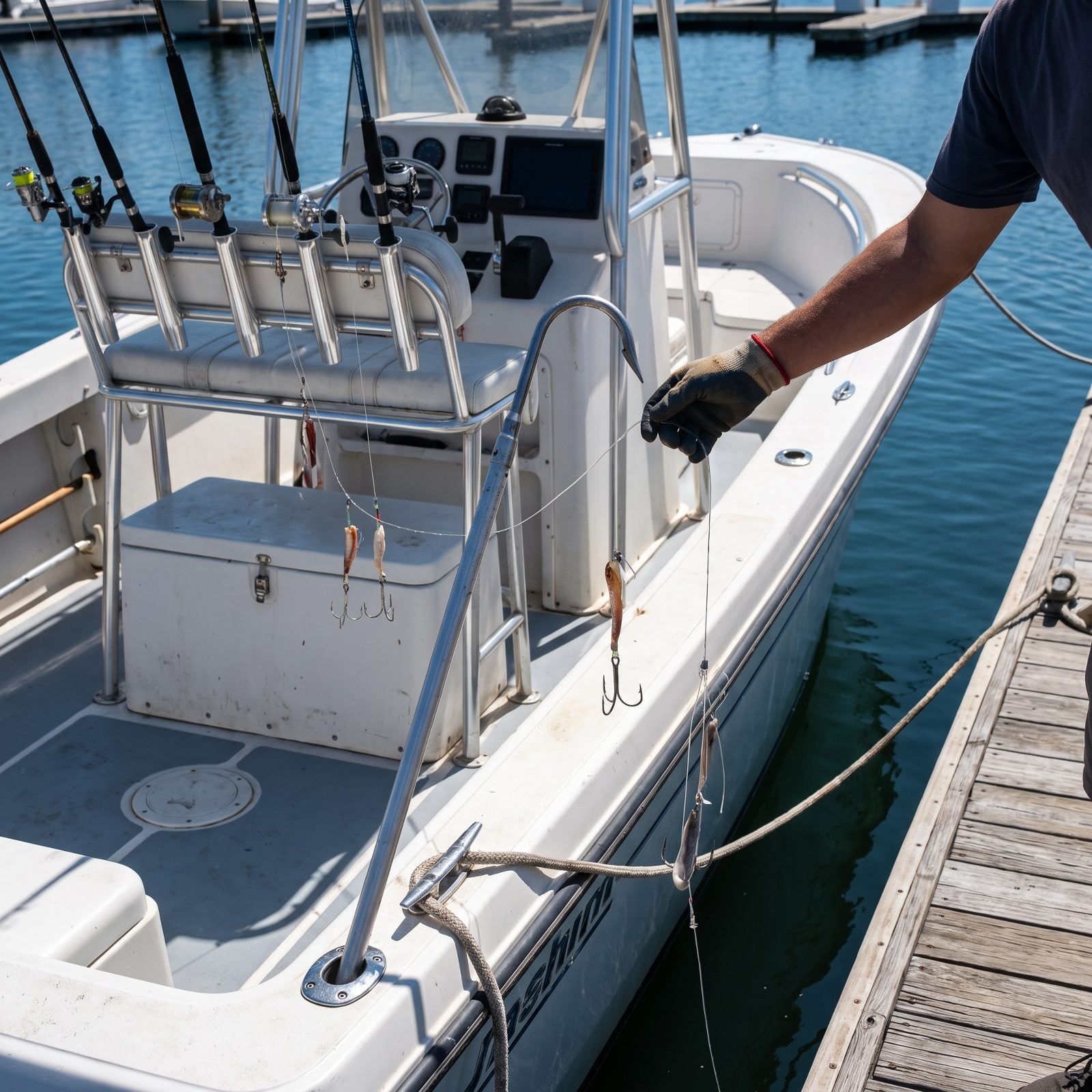 Fishing Hooks and Gaffs Are Exposed Where Staff Grab Lines