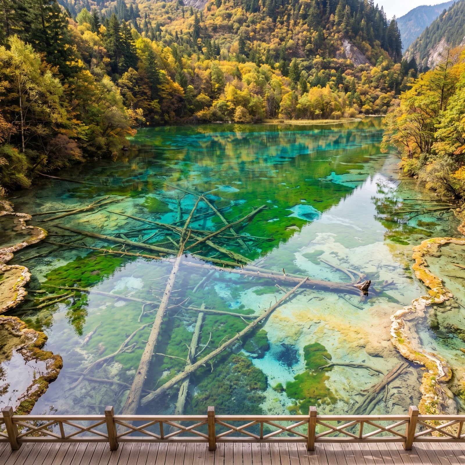 Five Flower Lake, China: Sunken Trees Glowing Through Jewel Water