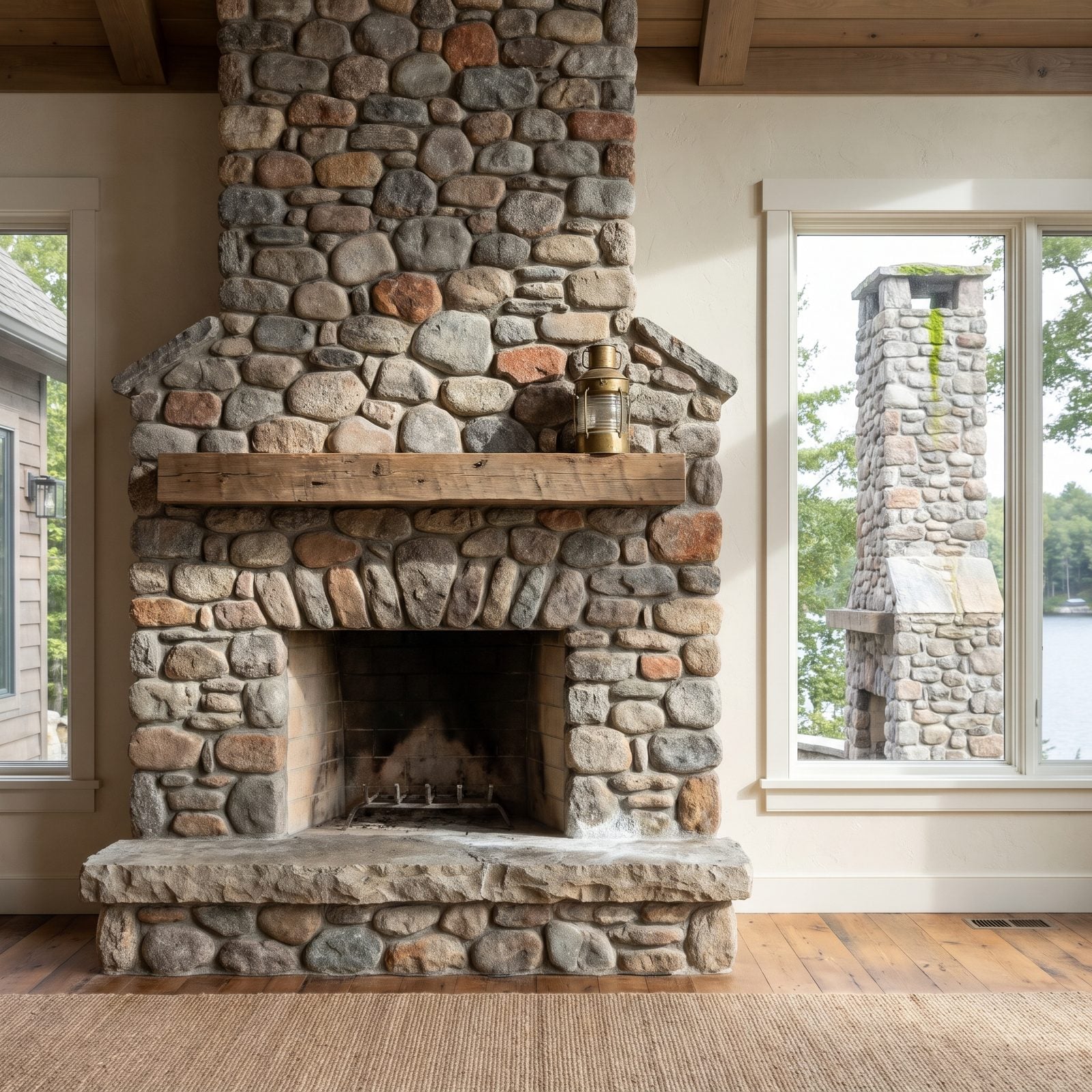 A Floor-to-Ceiling Stone Fireplace and Tall Chimney