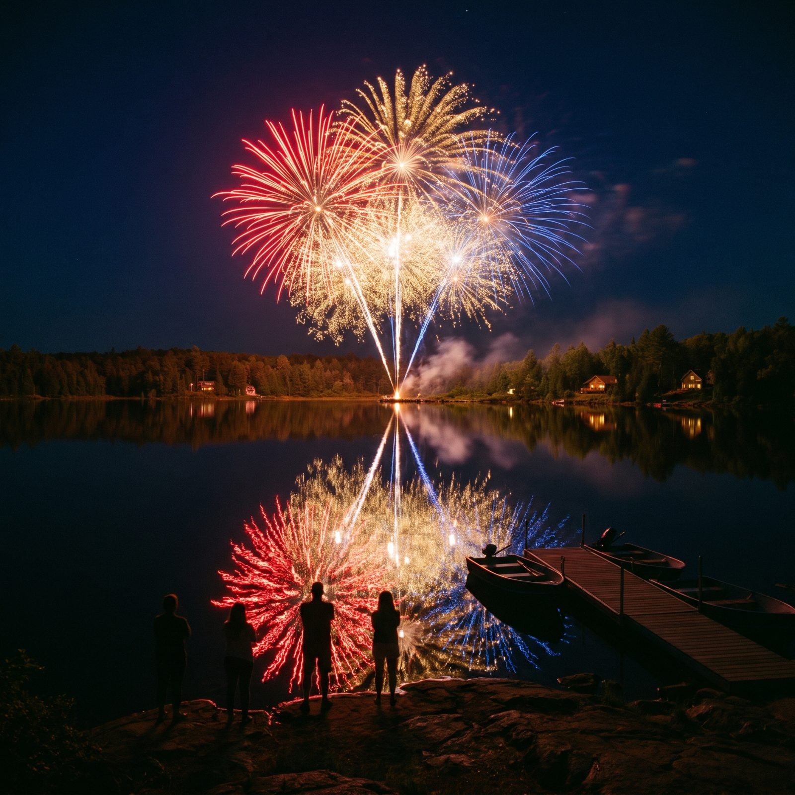 Fourth of July fireworks doubling themselves across the lake