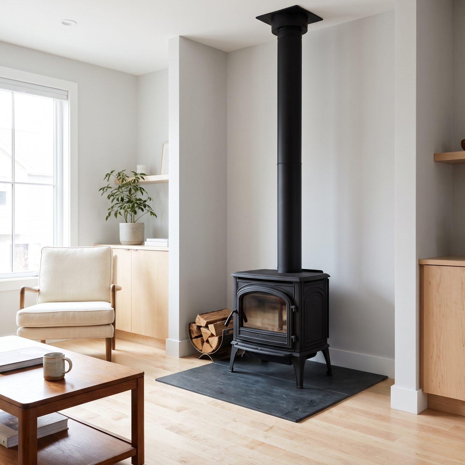 A Freestanding Wood Stove With a Black Stovepipe