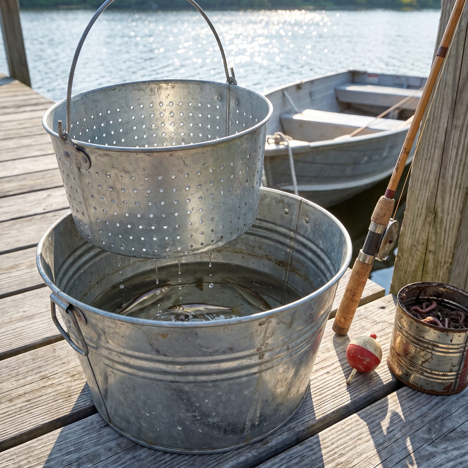 A Galvanized Minnow Bucket With a Perforated Insert