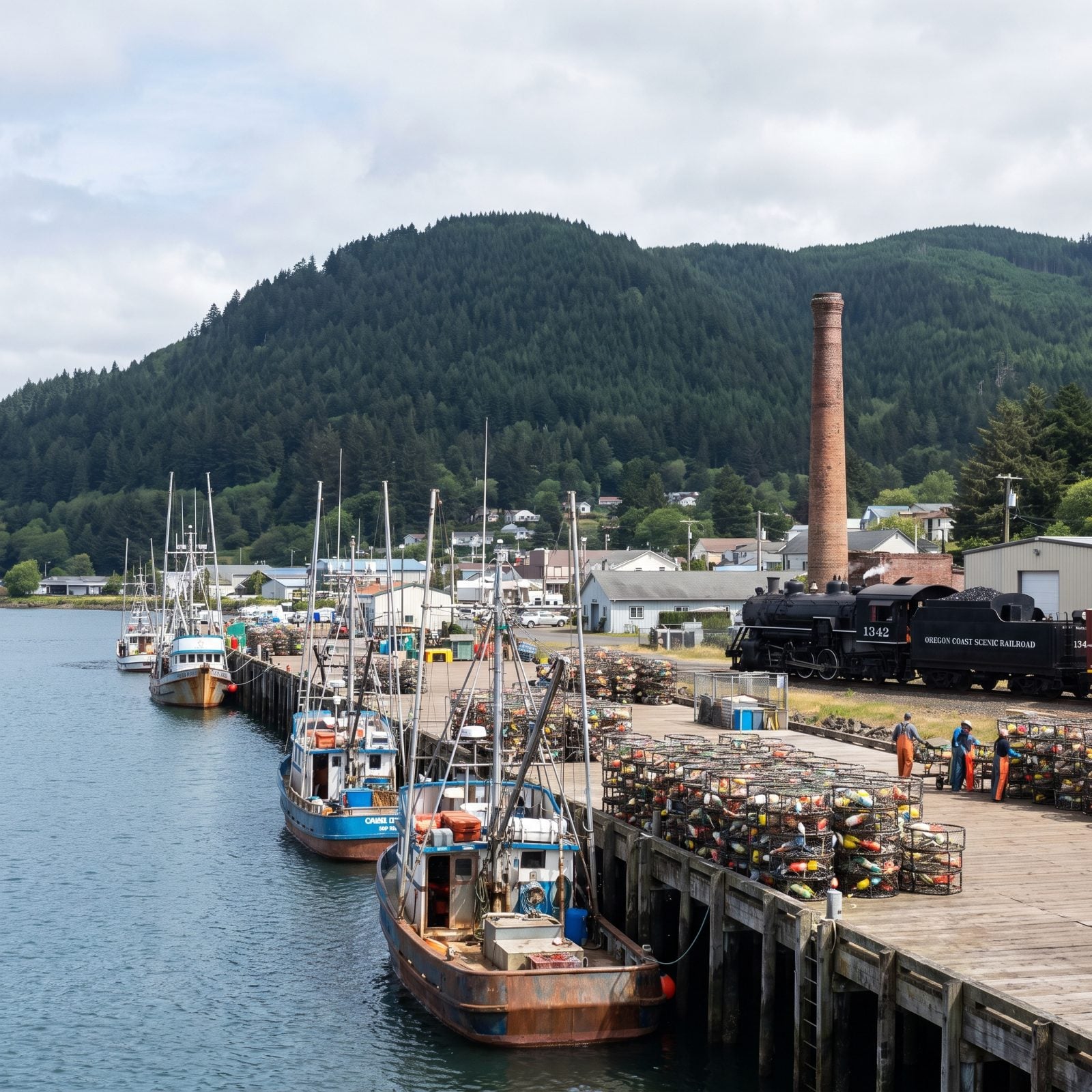 Garibaldi, Oregon, Seafood Docks Work Beneath a Forested Hillside