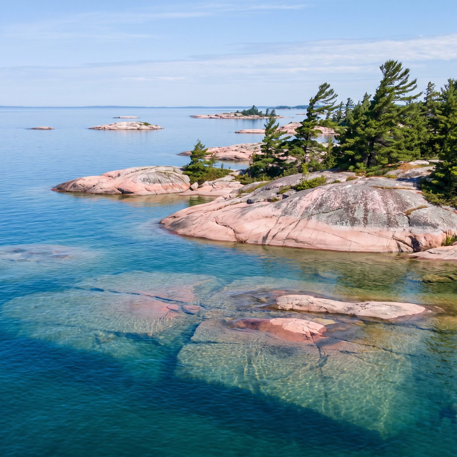 Georgian Bay, Lake Huron, Canada, Azure Water Over Pink Granite Islands