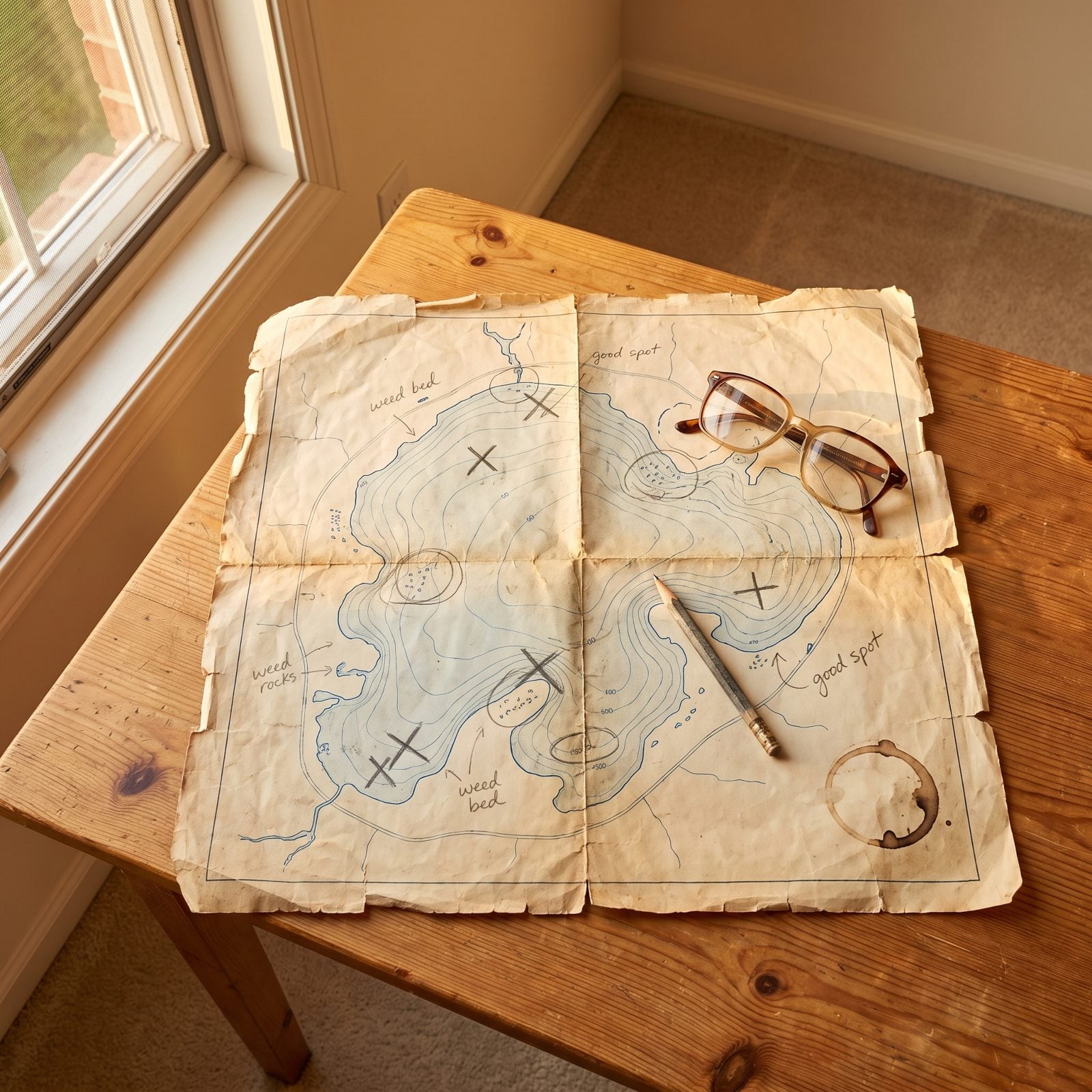 The Hand-Marked Lake Contour Map With Shoals and Fishing Holes