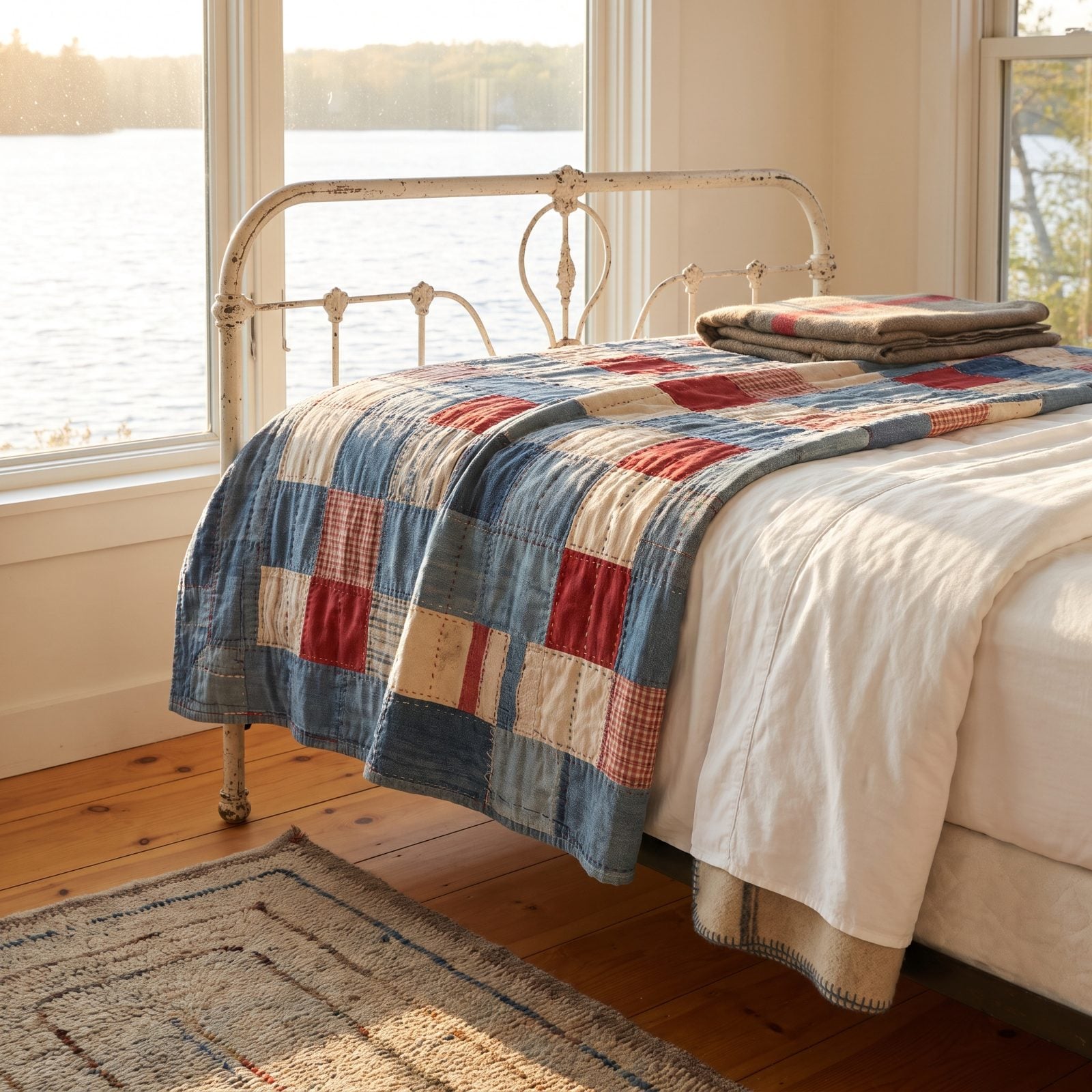 Hand-Sewn Quilts Thrown Over Iron Bed Frames