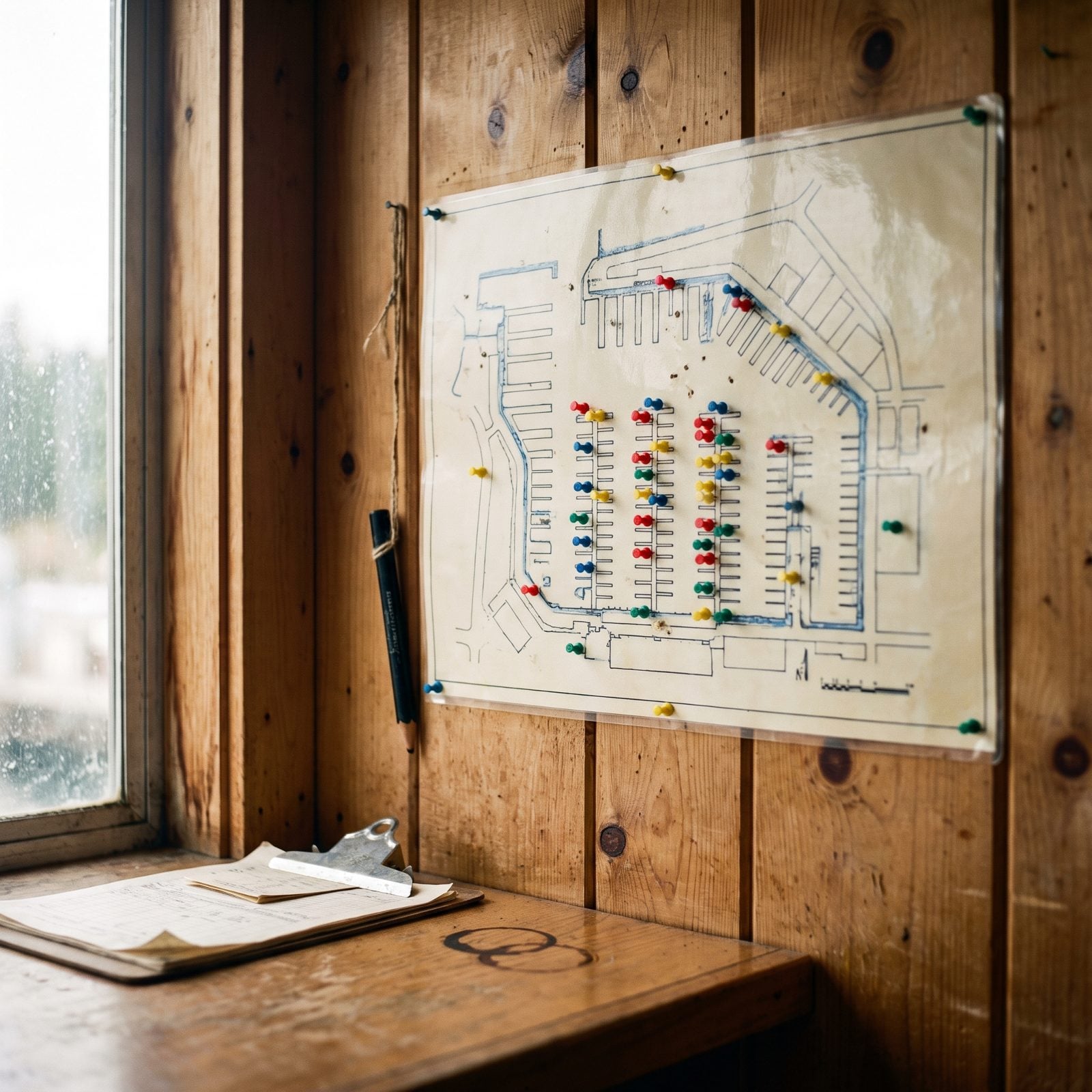 A Harbor Map Marked With Colored Pushpins