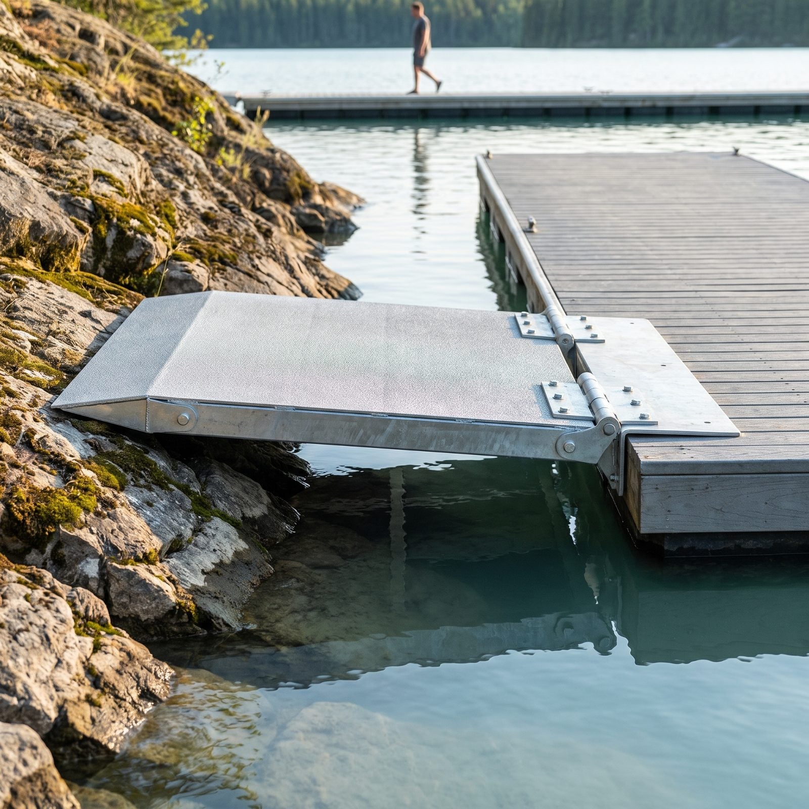 A Hinged Shore-End Transition Plate That Bridges Changing Gaps