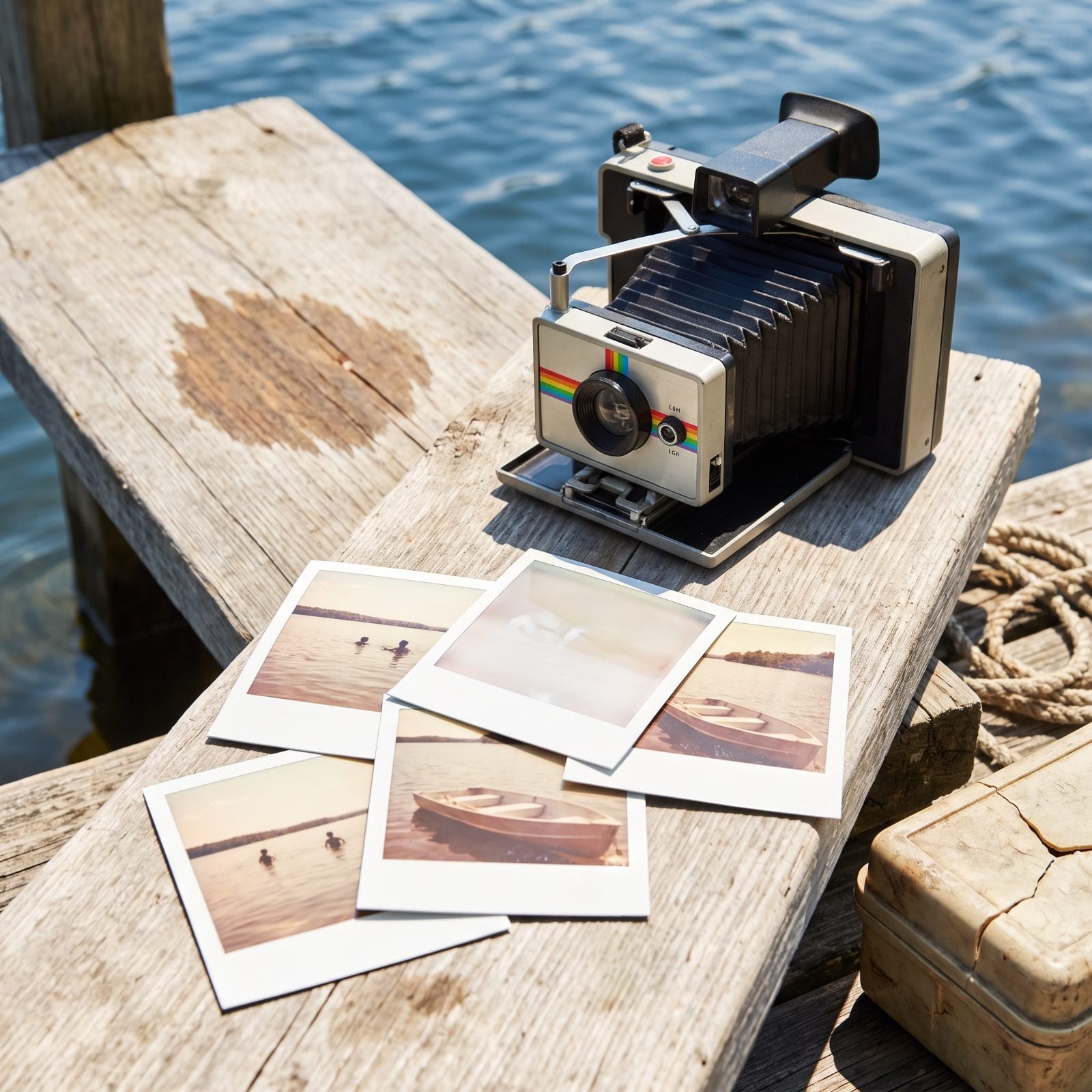 An Instant Camera With Square Vacation Prints