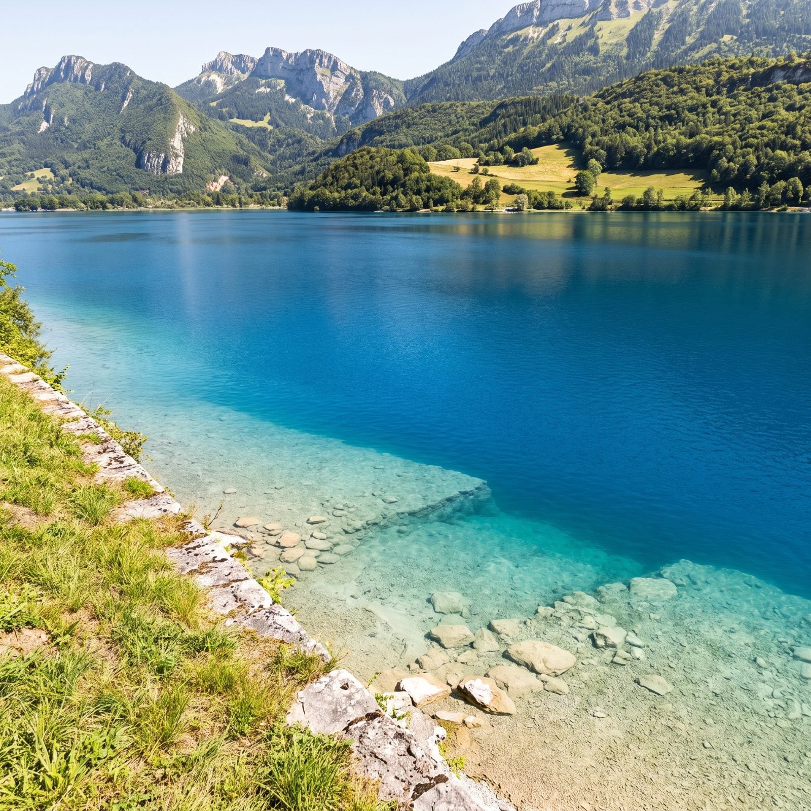 Lake Annecy, France, Spring-Fed Blue Water Below Limestone Peaks