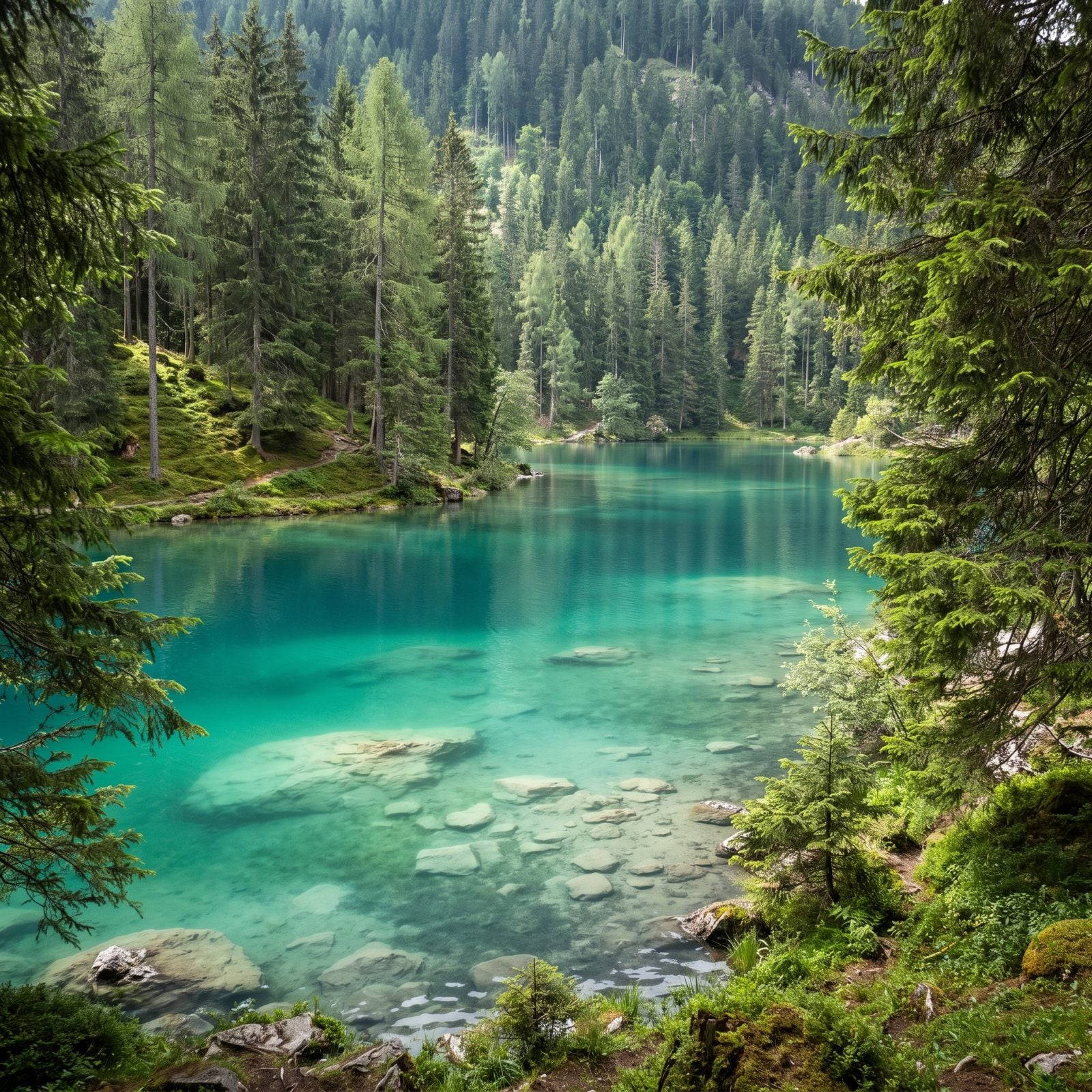 Lake Cauma, Switzerland, Turquoise Ringed by Alpine Forest
