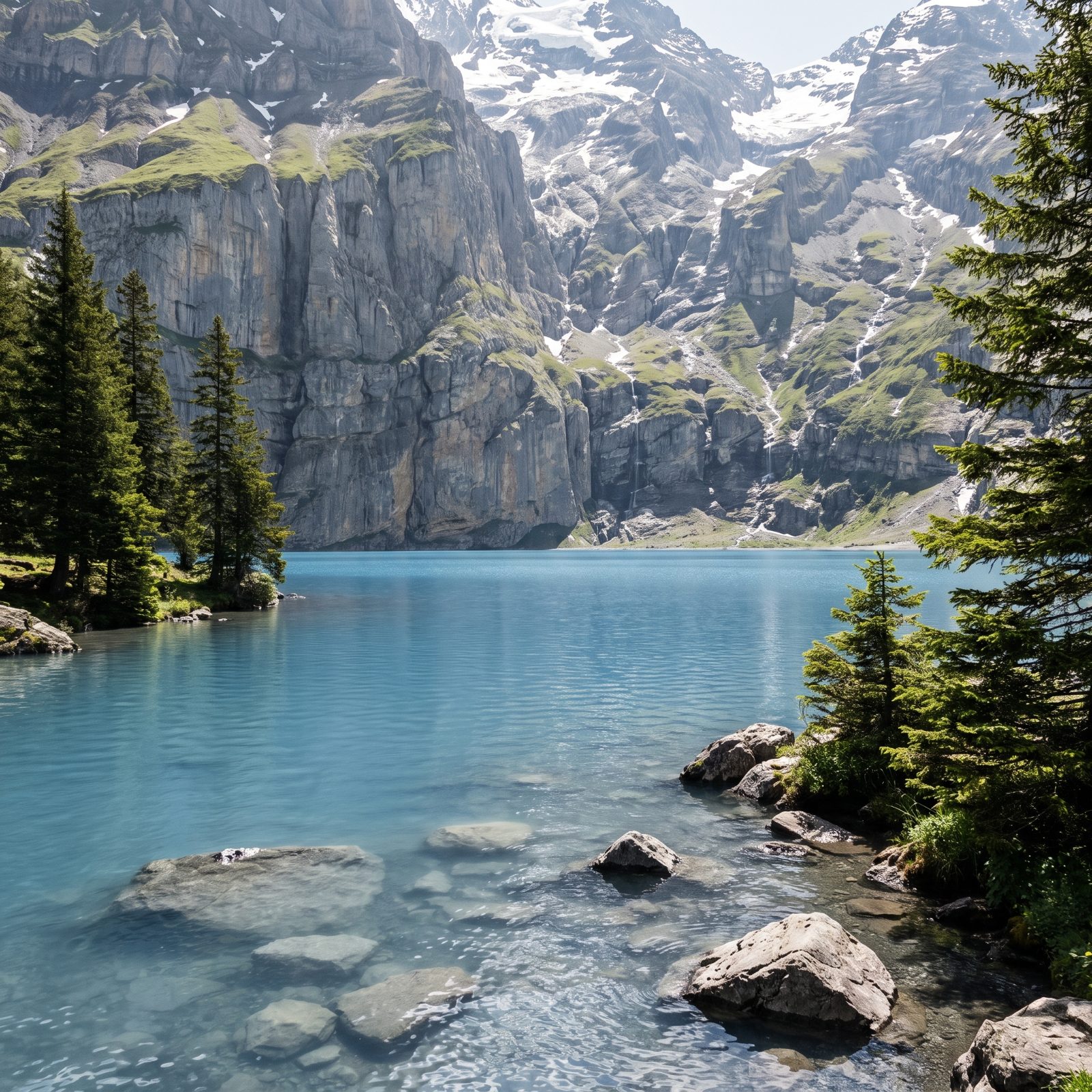 Lake Oeschinen, Switzerland, Bright Blue Water Below Glacial Cliffs