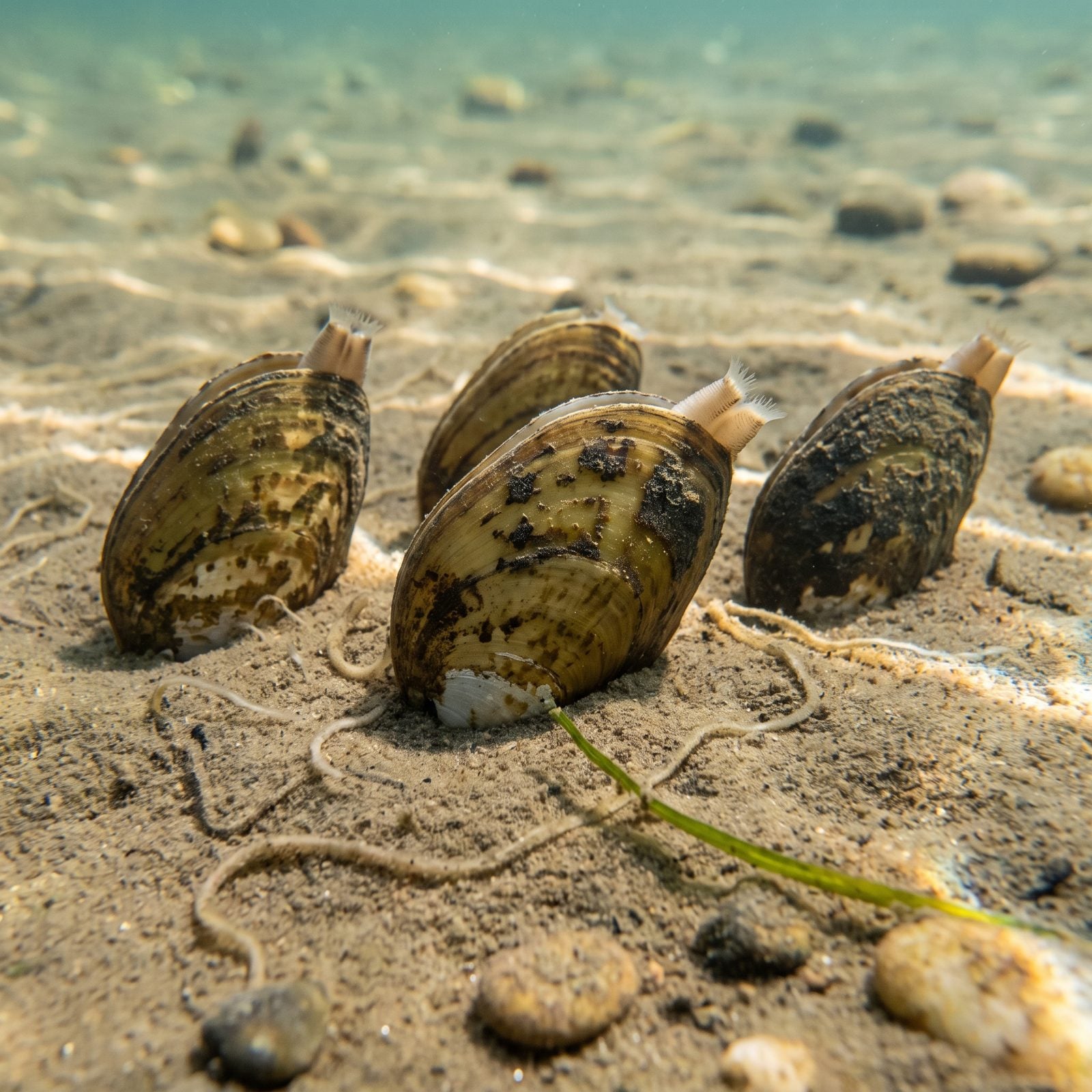 Living Native Mussels Half-Buried in the Lakebed