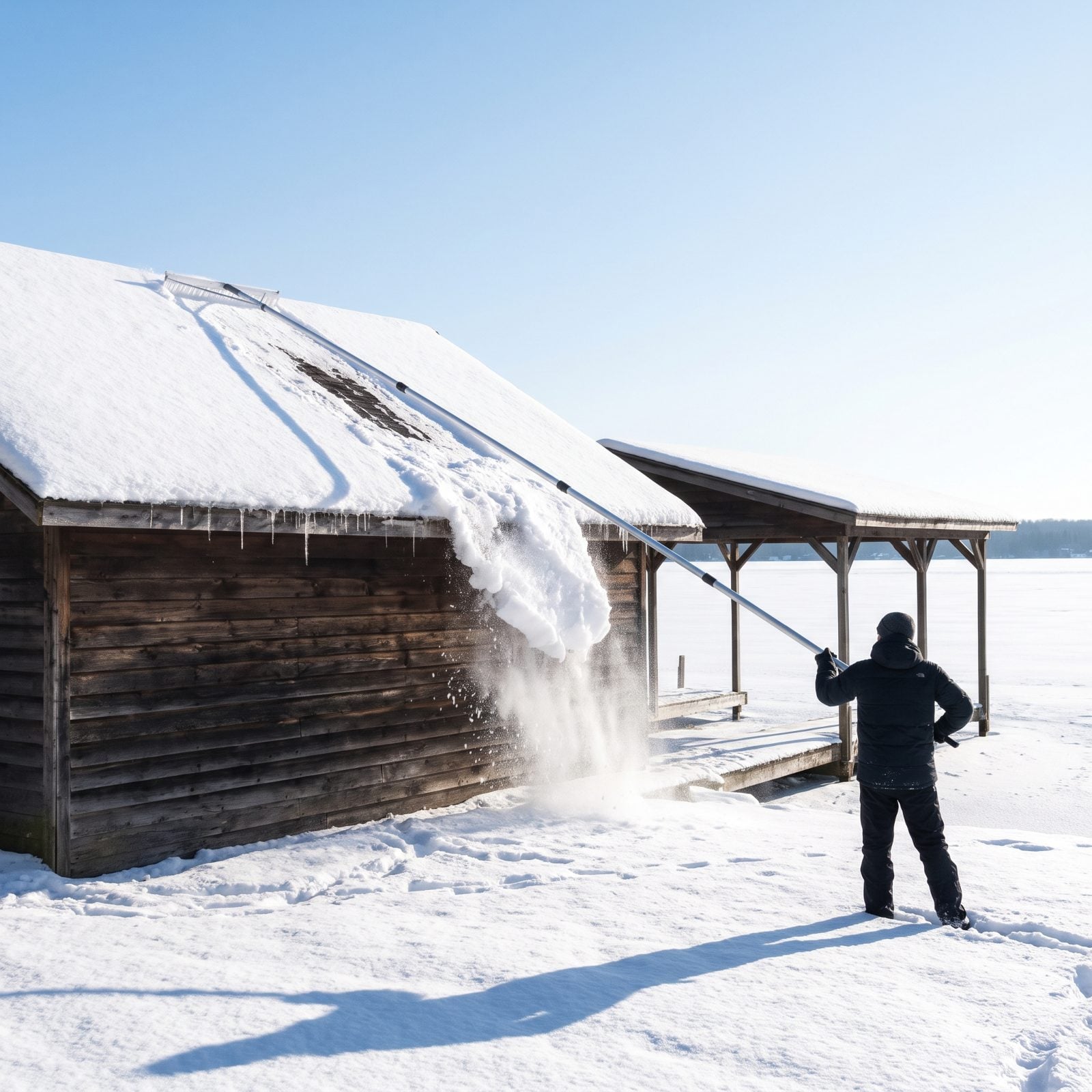 A Long Roof Rake Reserved for Snow-Covered Docks