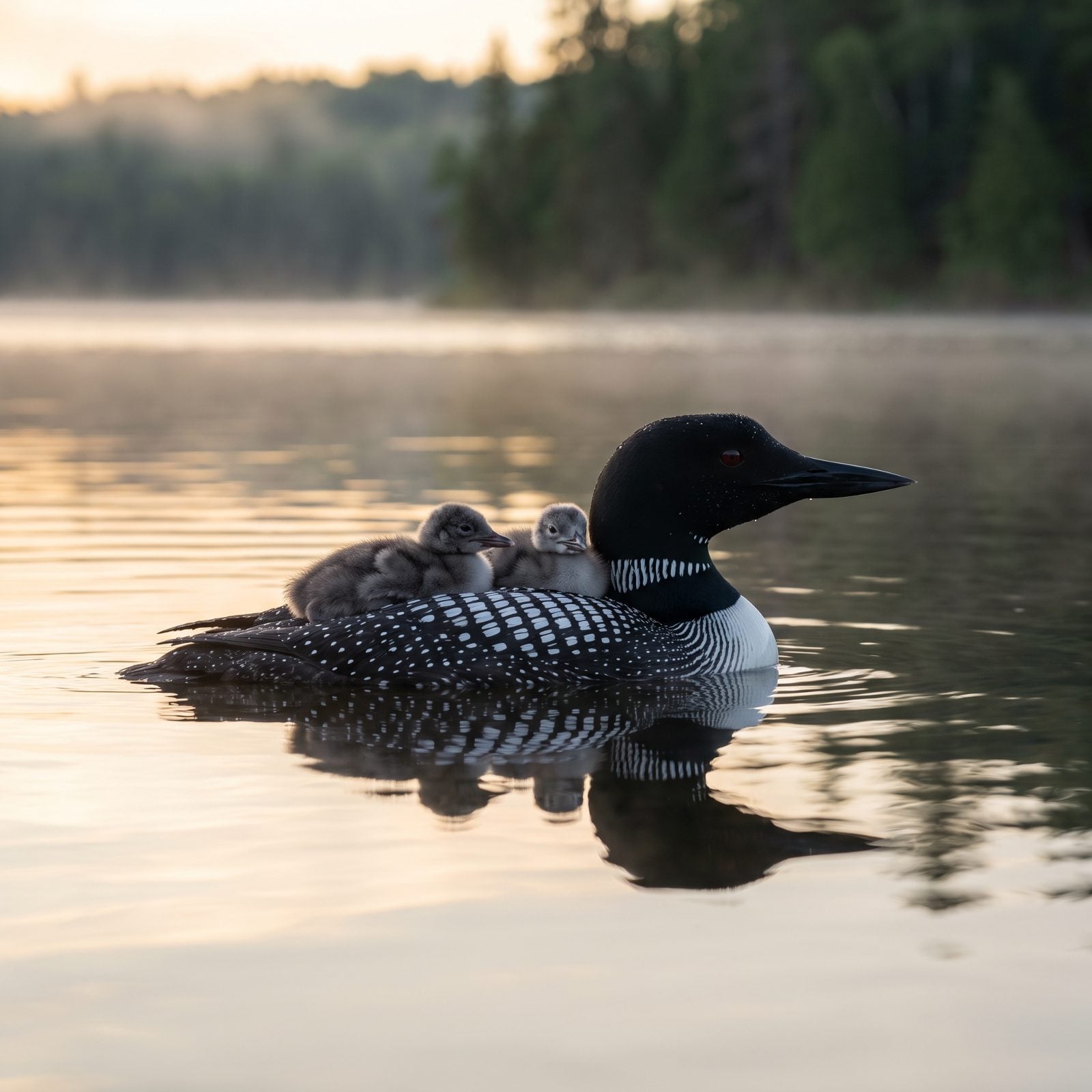 A Loon Pair Ferrying Chicks on Their Backs