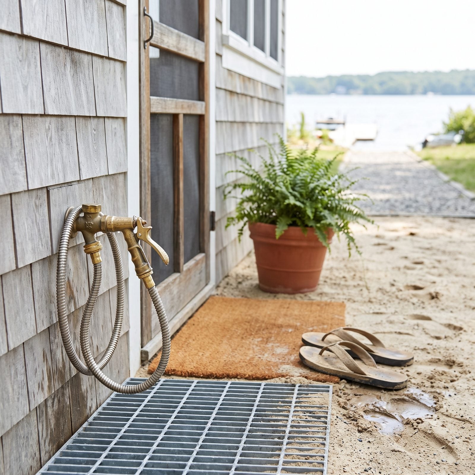 A Low Foot-Rinse Wand Beside the Main Entrance