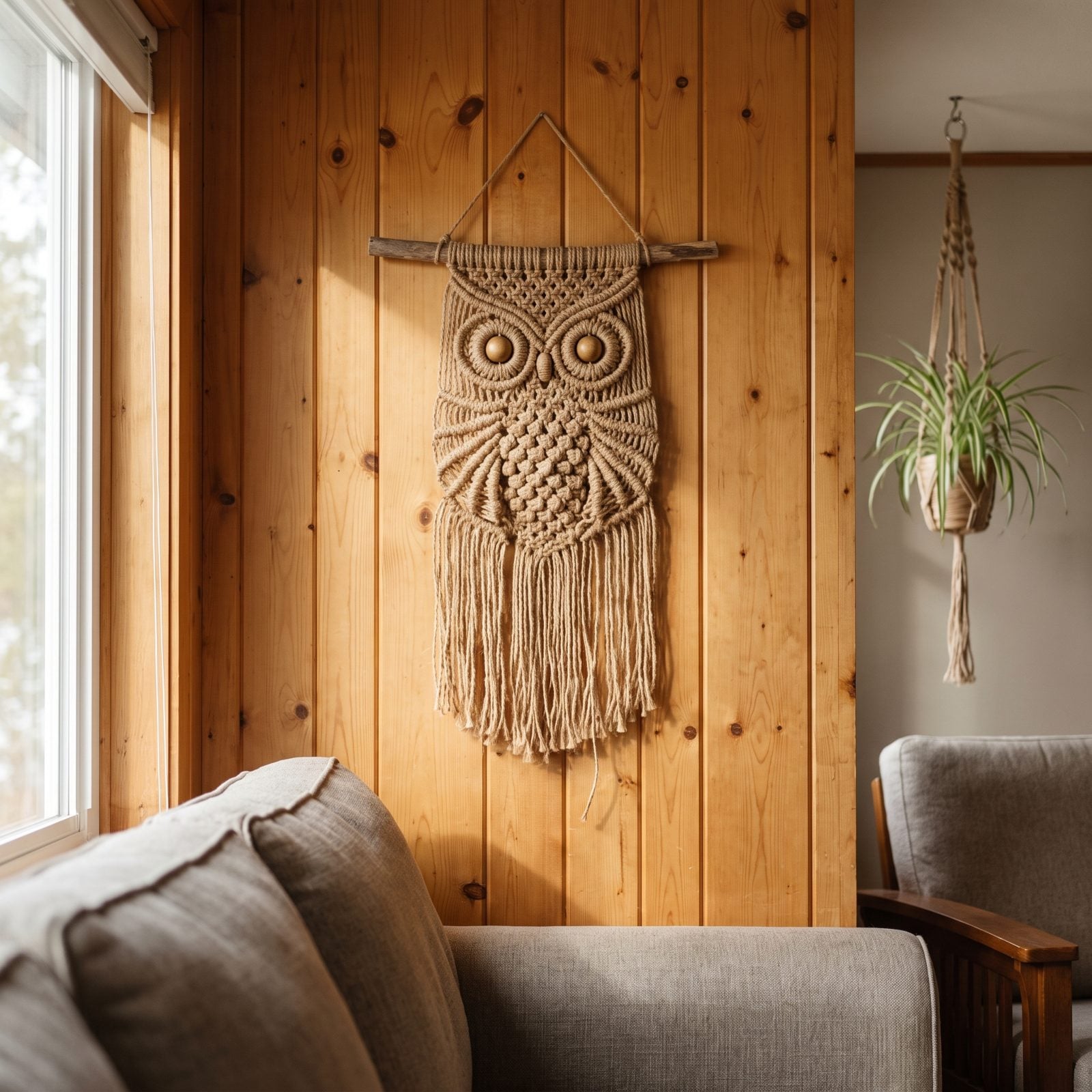 A Macramé Owl Hanging on the Paneled Wall