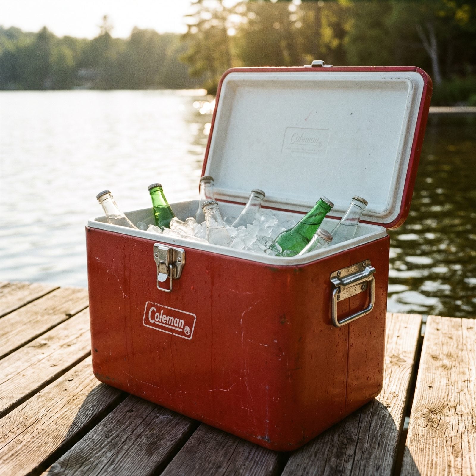 A Metal Coleman Cooler Packed With Ice and Glass Soda Bottles
