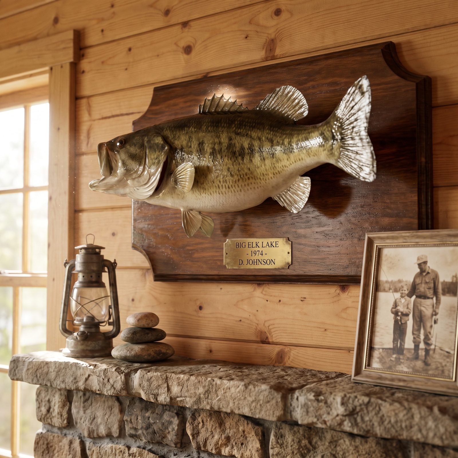 A Mounted Bass Displayed Above the Mantel