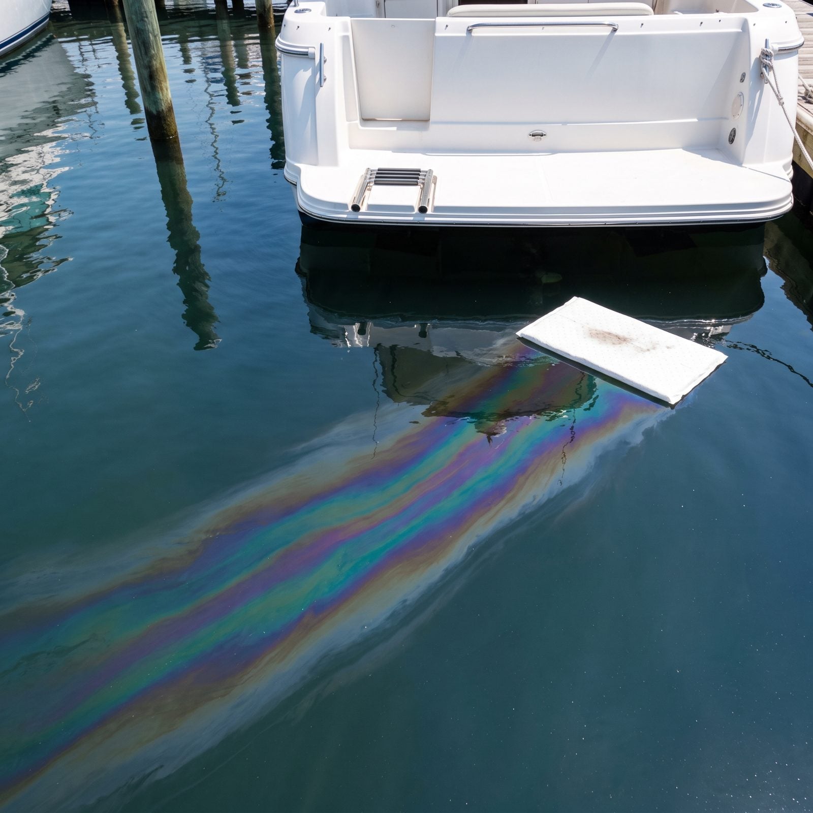 An Oil or Fuel Sheen Trails Behind the Stern