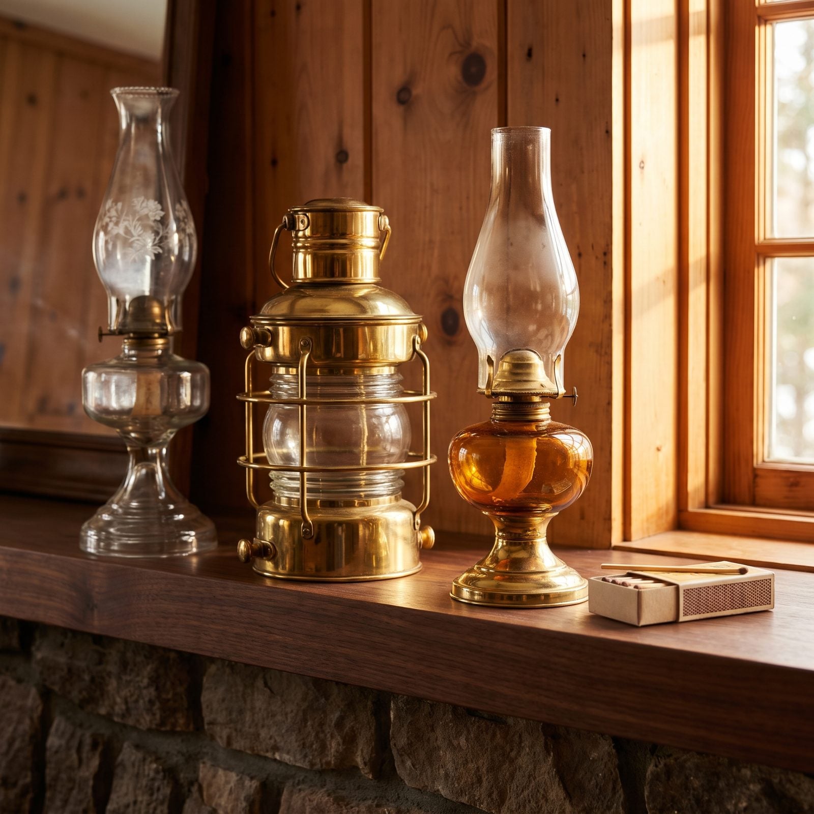 Oil Lamps and Hurricane Lanterns Lined Up on the Mantel