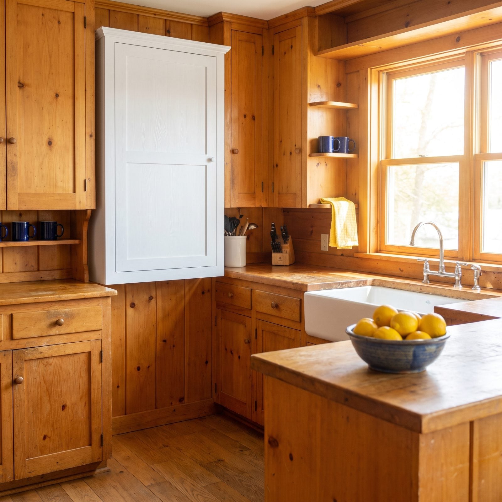 One White Cabinet Makes Every Pine Wall Look Tired