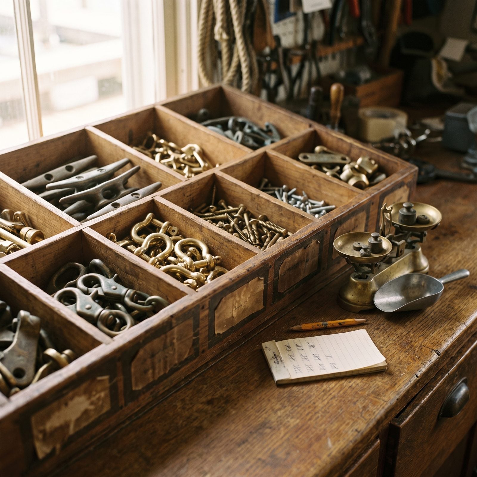 Open Bins of Brass Marine Hardware