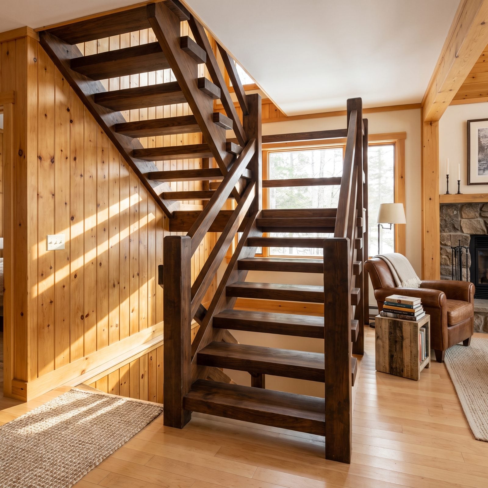 Open-Riser Stairs With Chunky Wood Railings