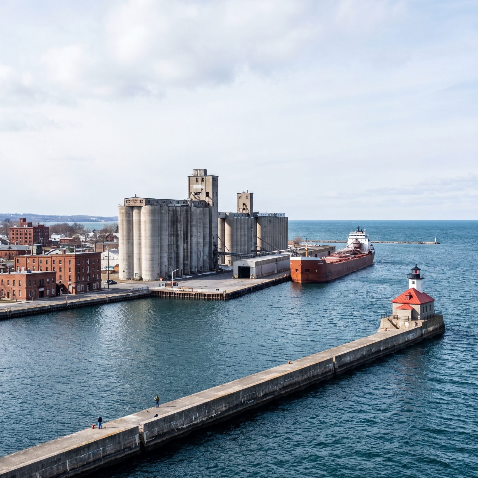 Oswego, New York, Grain Silos, Freighters and a Harbor Light Along the Lake Ontario Shore