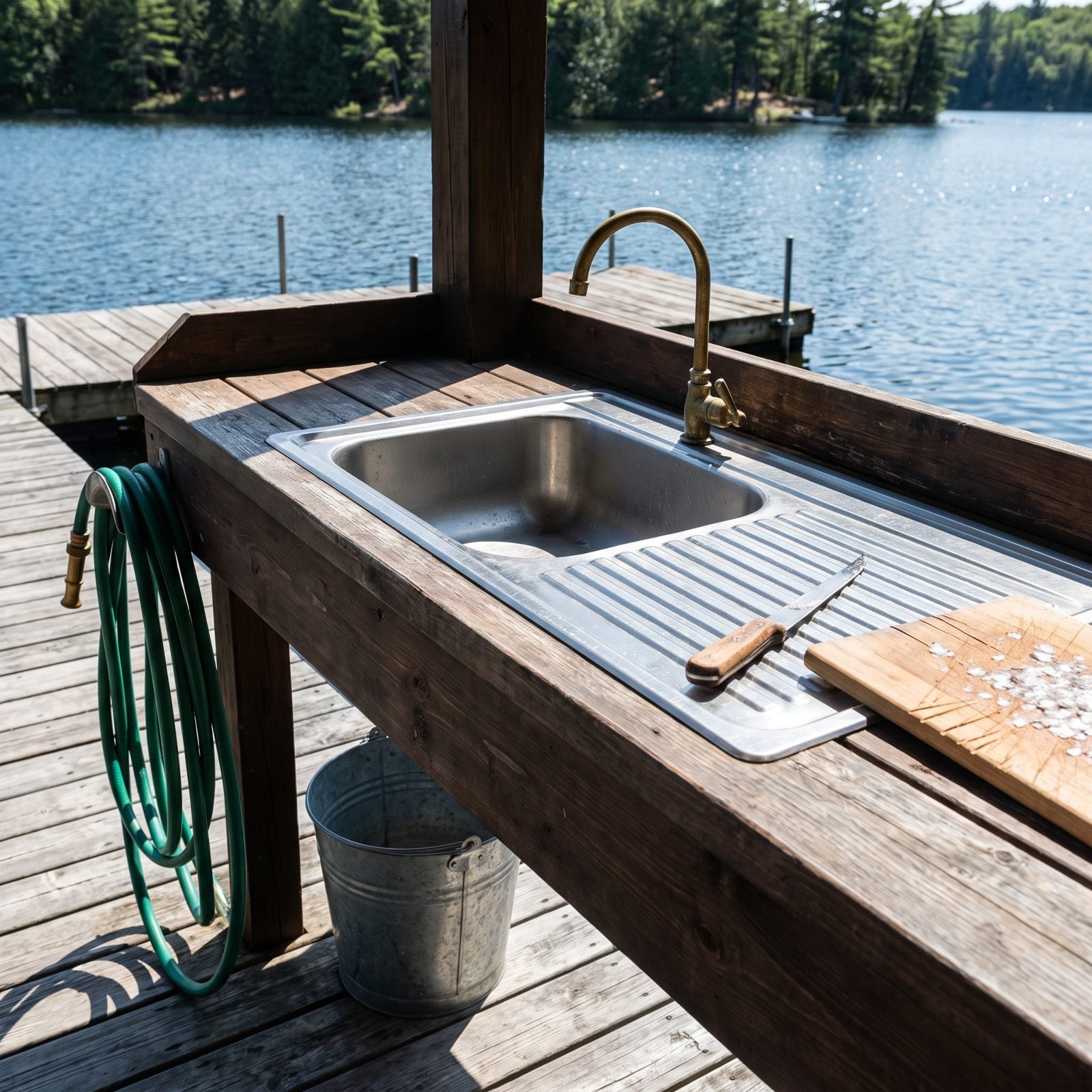 An Outdoor Fish-Cleaning Sink With a Drainboard