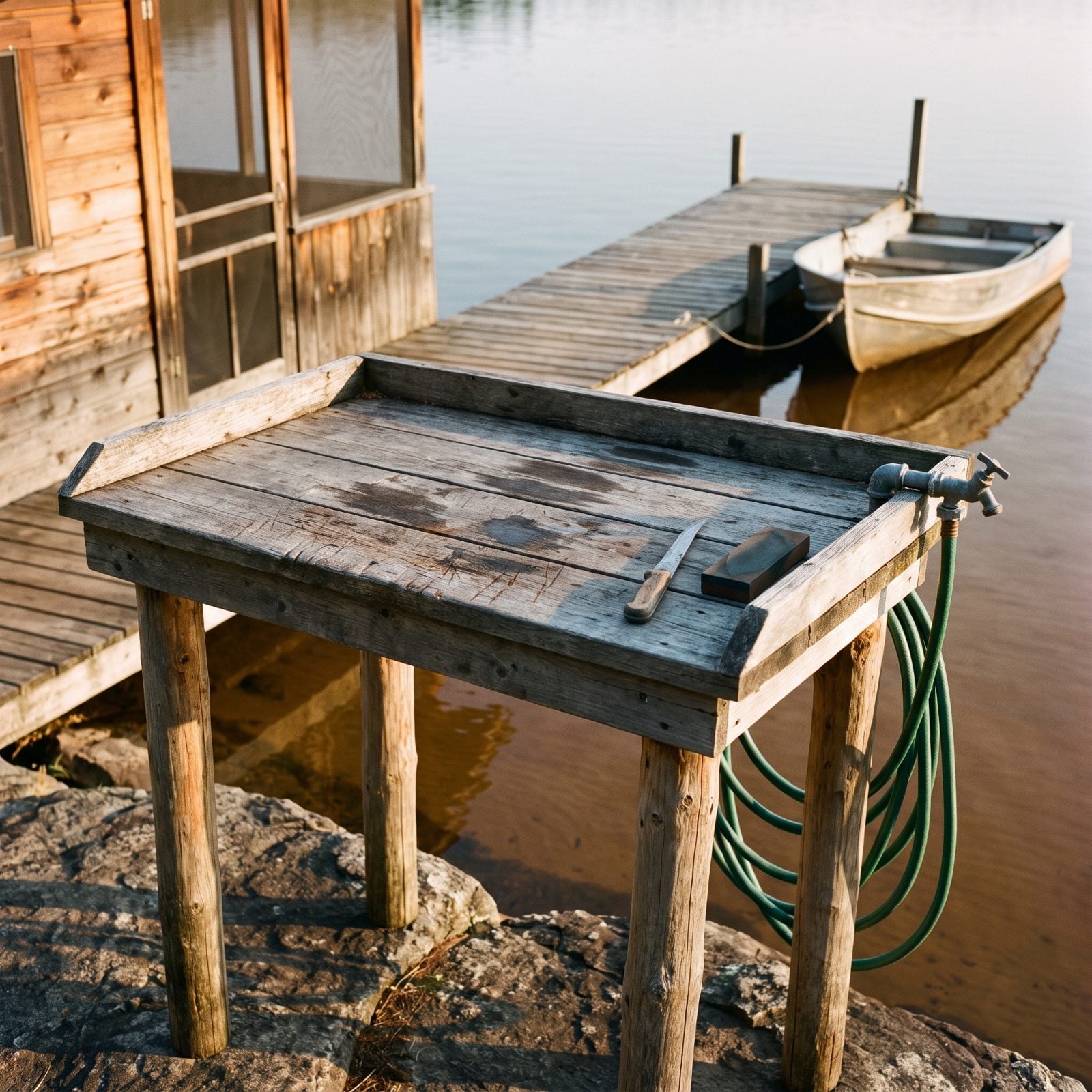 An Outdoor Fish-Cleaning Table Beside the Water