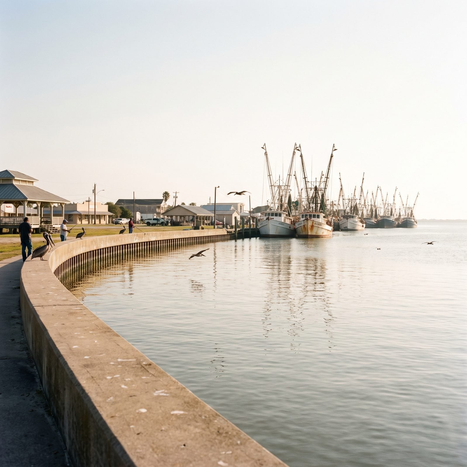 Palacios, Texas, Shrimp Boats Line a Long Matagorda Bay Seawall