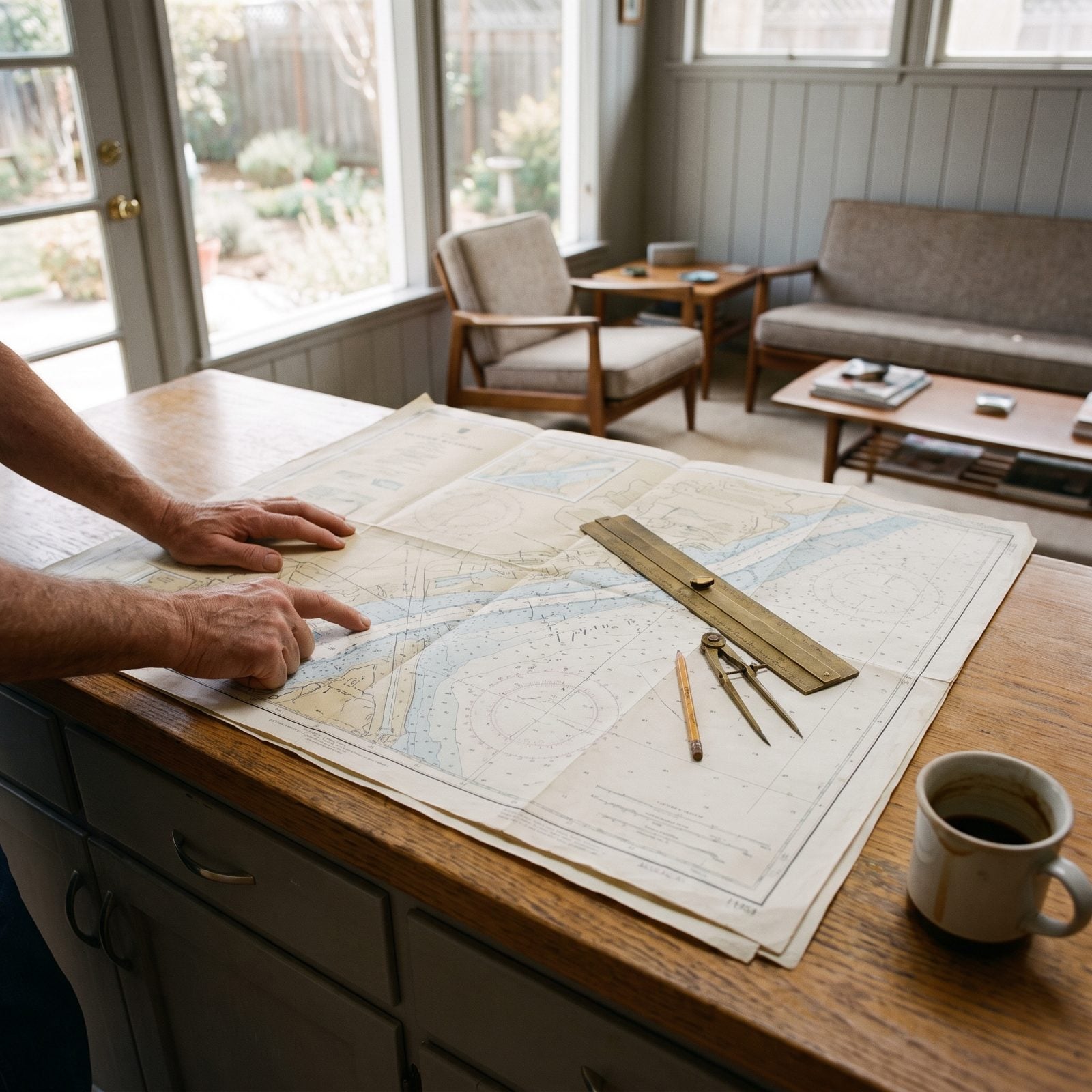 Paper Charts Spread Across the Counter
