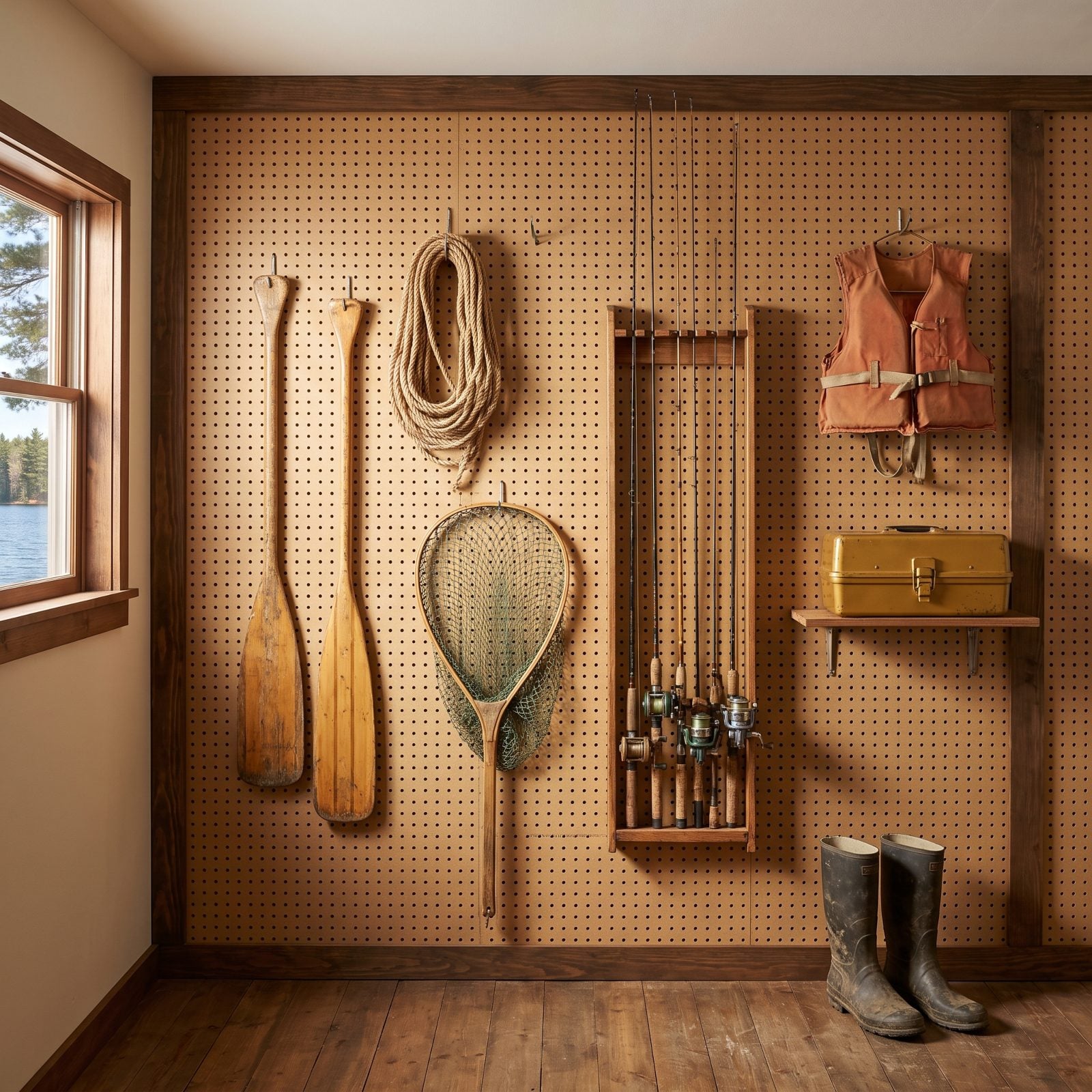 A Pegboard-Lined Room for Paddles and Fishing Gear