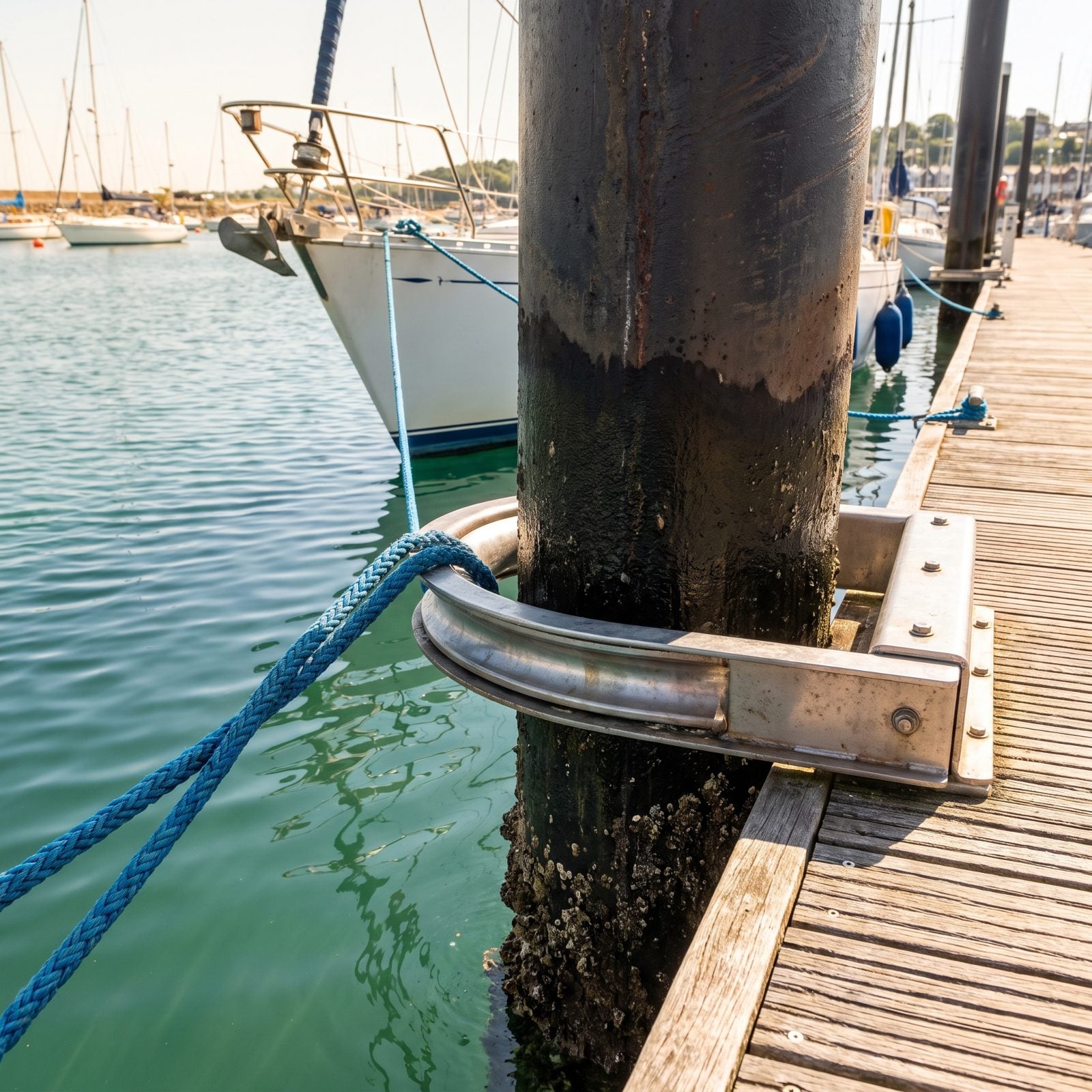 Piling-Mounted Tide Slides That Move Mooring Lines With the Water
