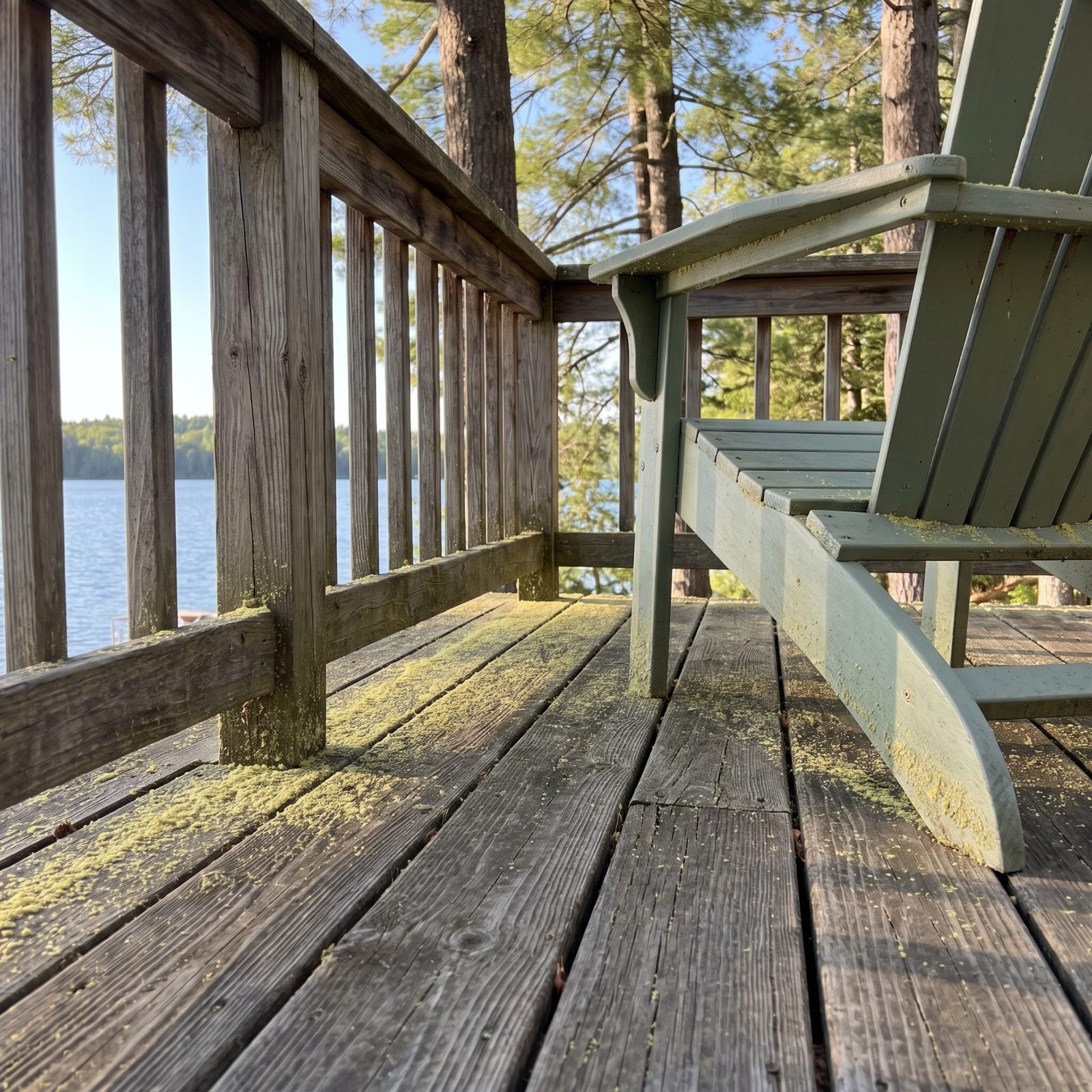 Pine Pollen Along the Deck Edge, Sweeping Can Wait Until It Passes