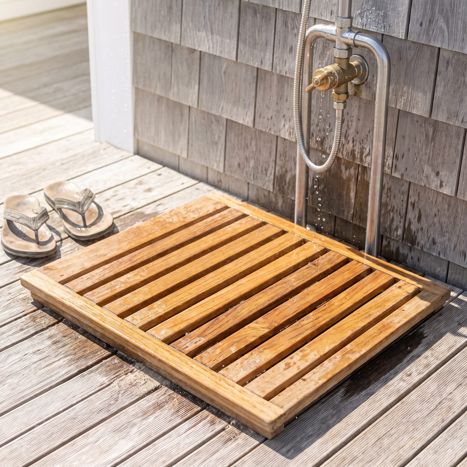 Place a Slatted Teak Grate at the Outdoor Shower Exit