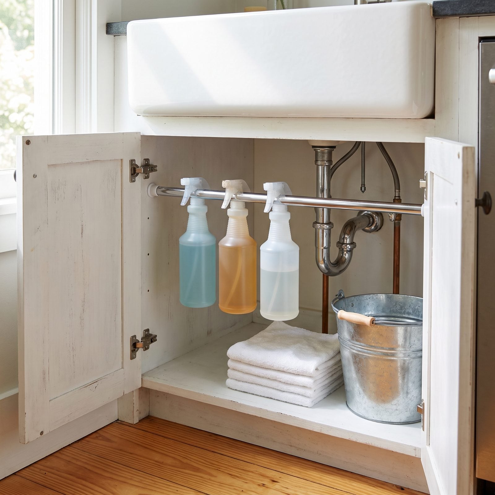 Place a Tension Rod Under the Sink for Spray Bottles