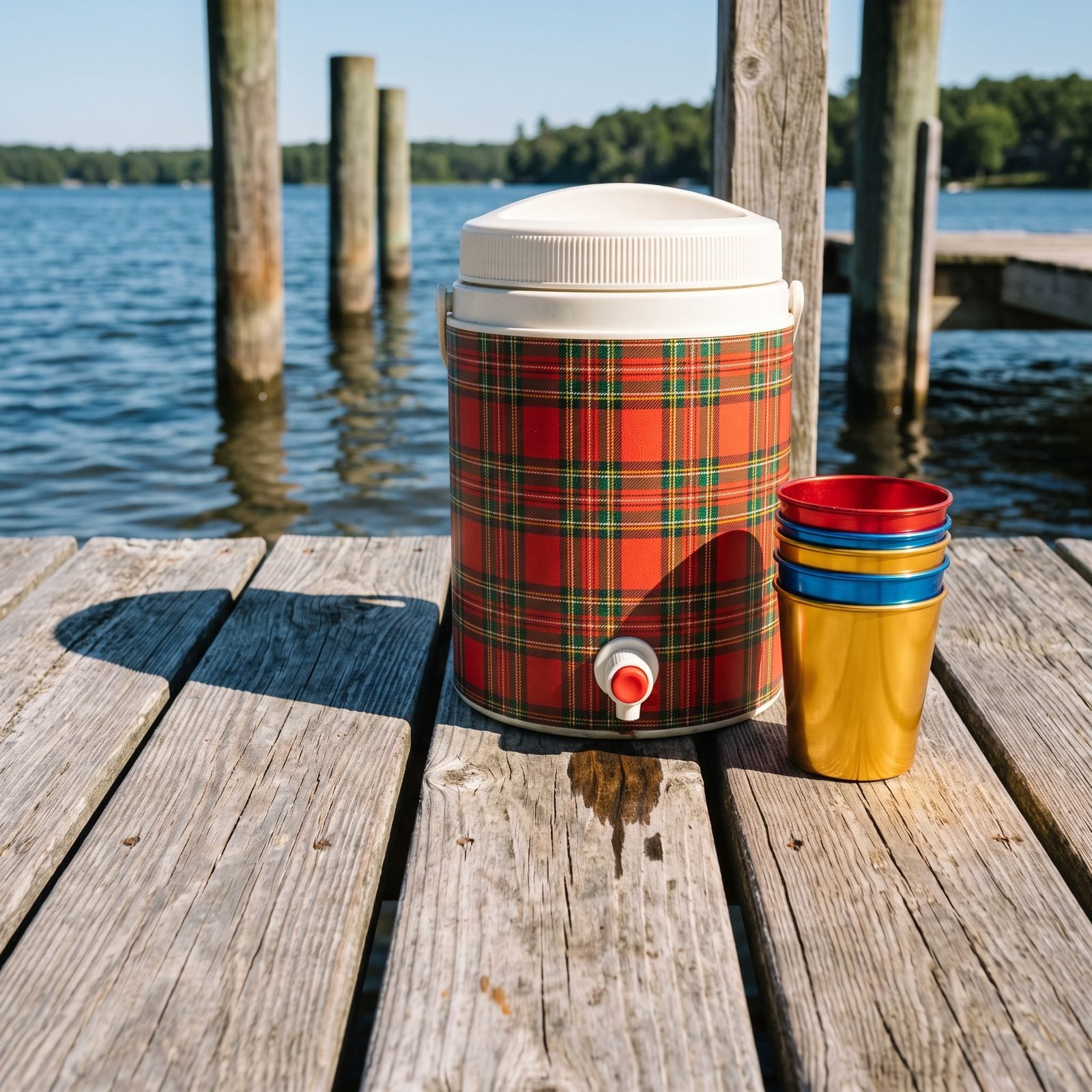 A Plaid Insulated Jug Carried Down to the Dock