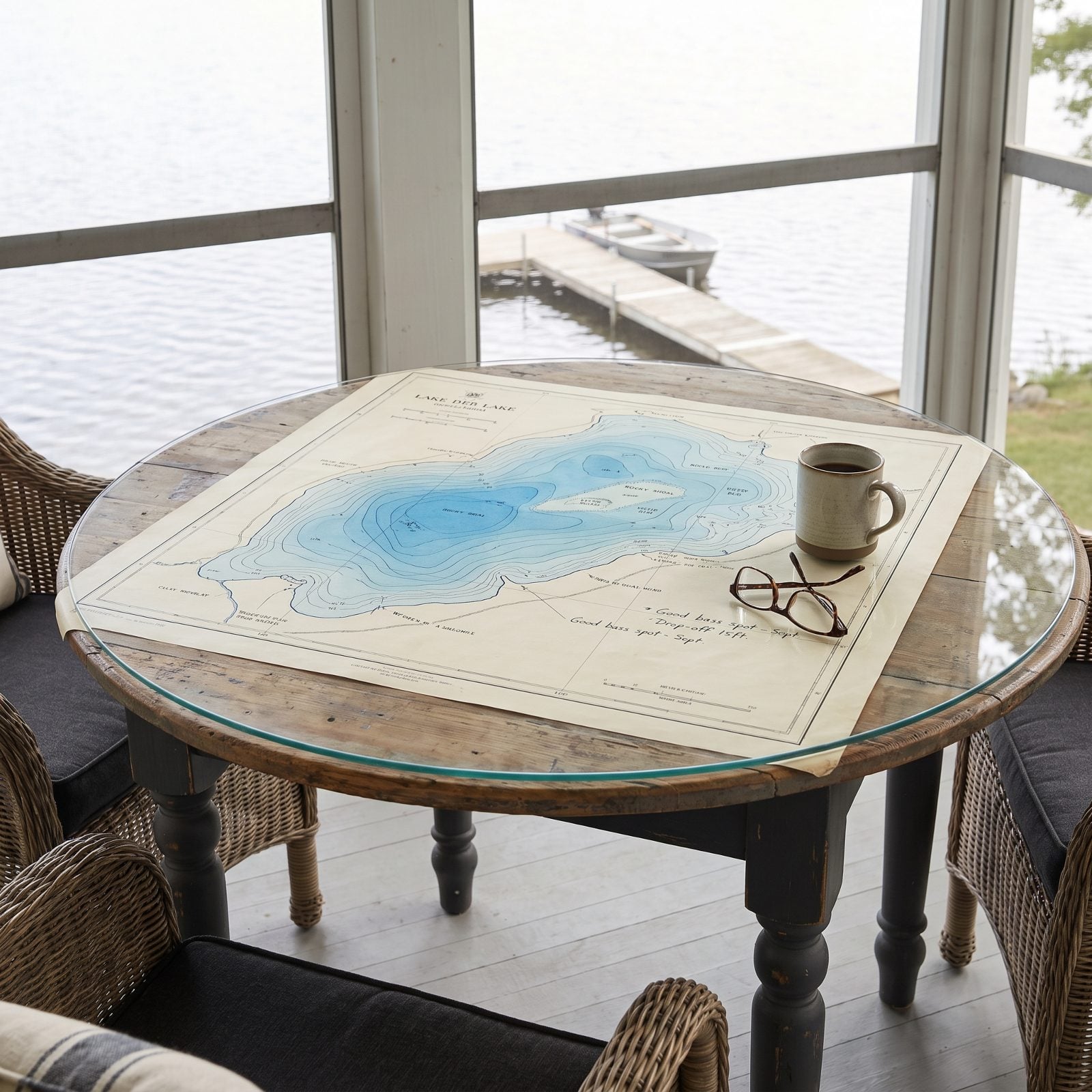 Put the Lake Depth Chart Under Glass on a Table