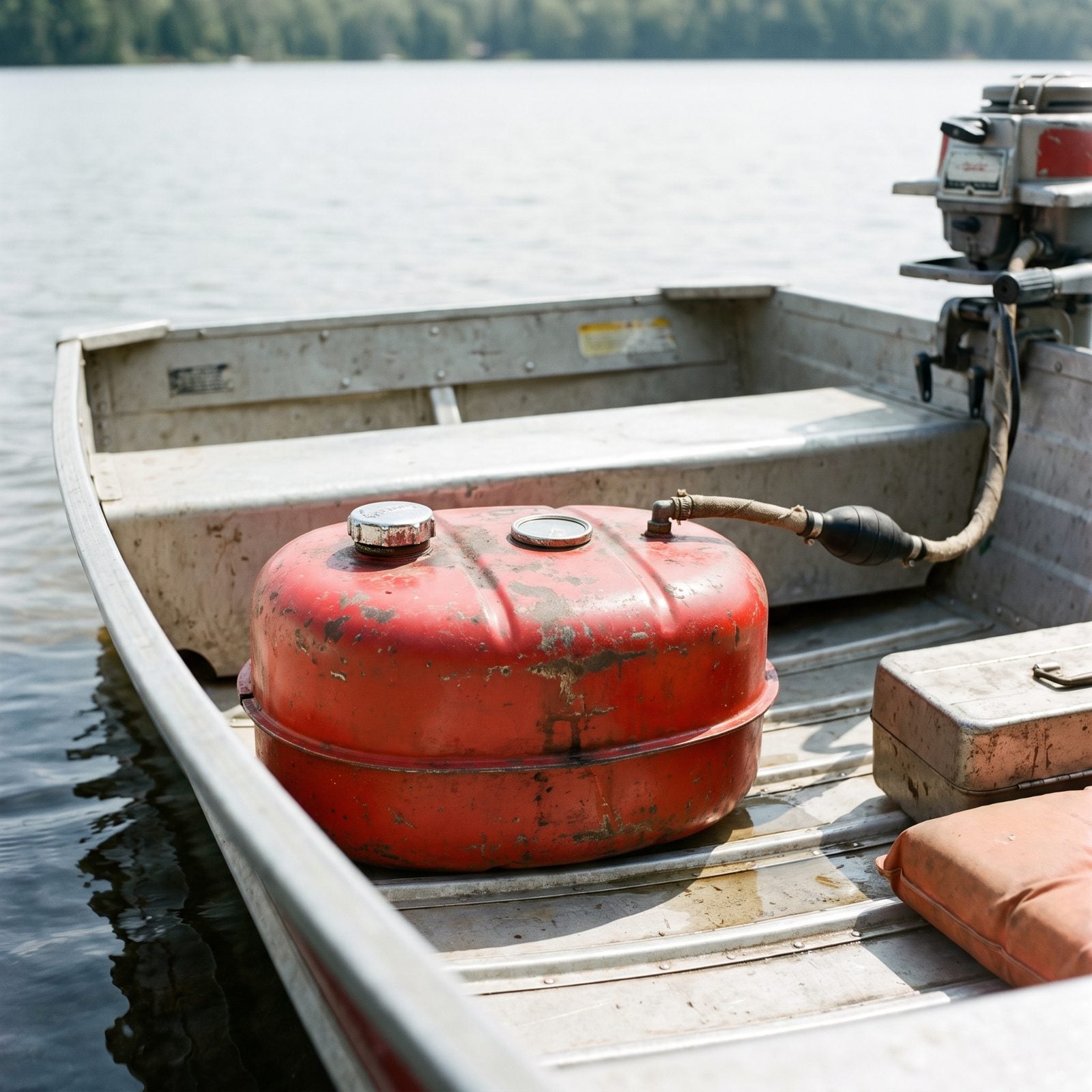 A Red Metal Outboard Fuel Tank With a Primer Bulb