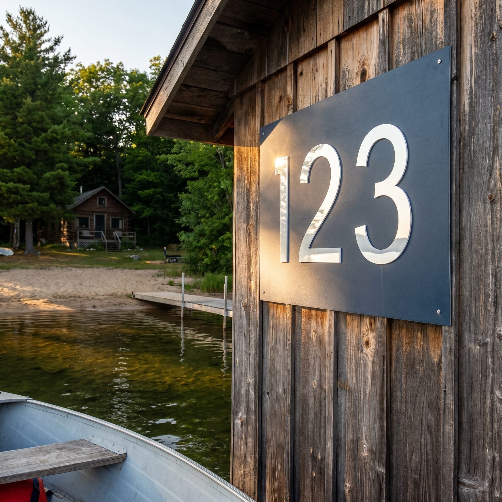 A Reflective Waterfront Address Marker Facing the Water