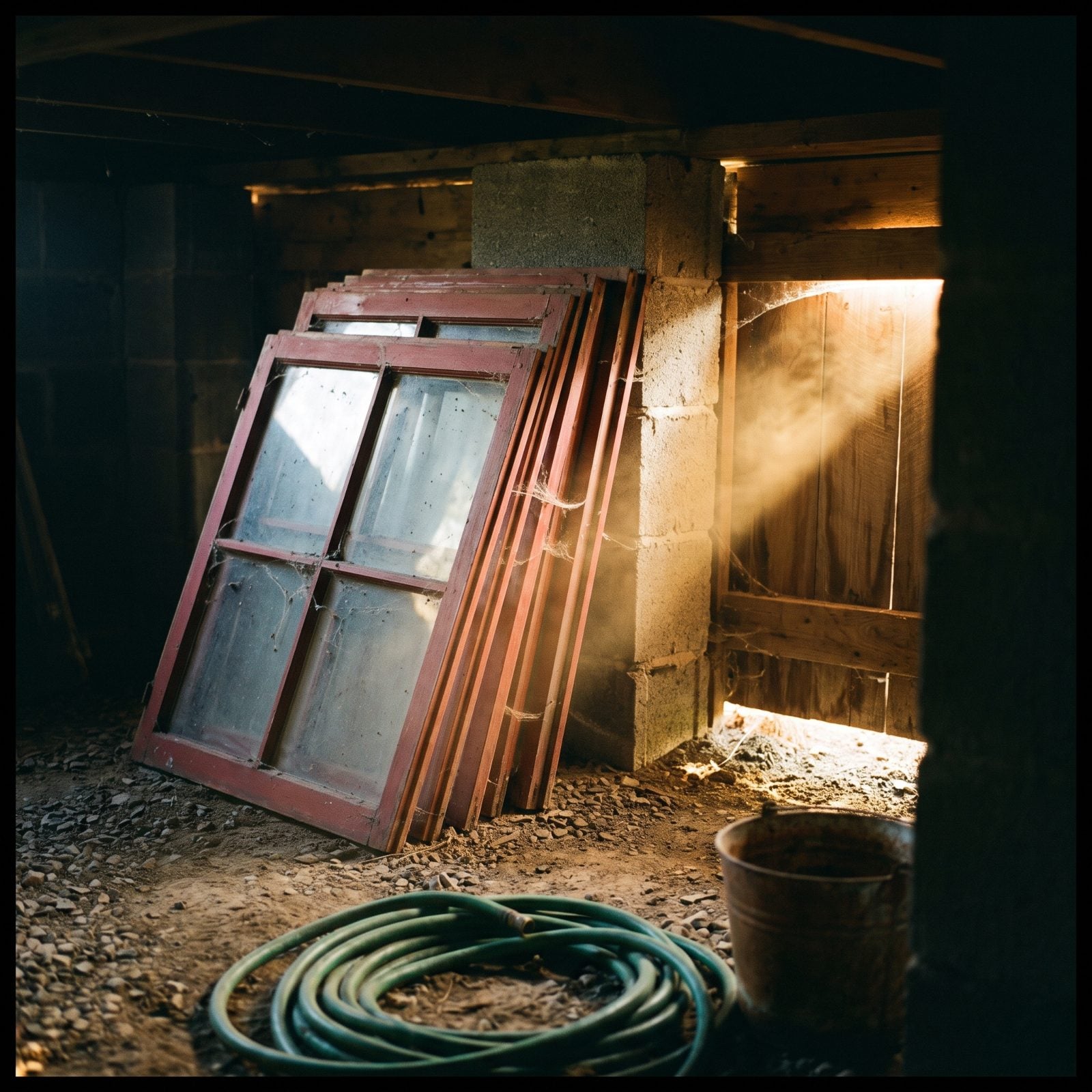 Removable Storm Windows Stored Beneath the Cabin