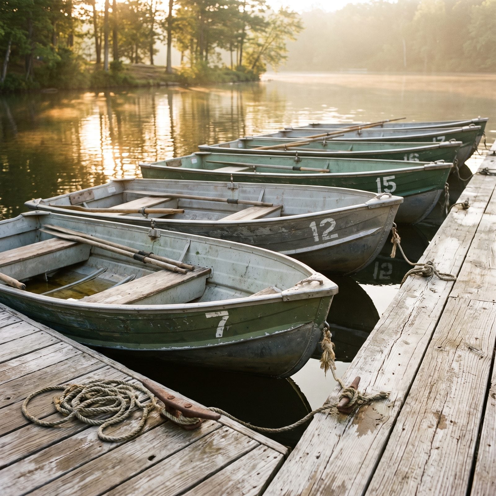 Rental Rowboats Tied Along a Low Dock