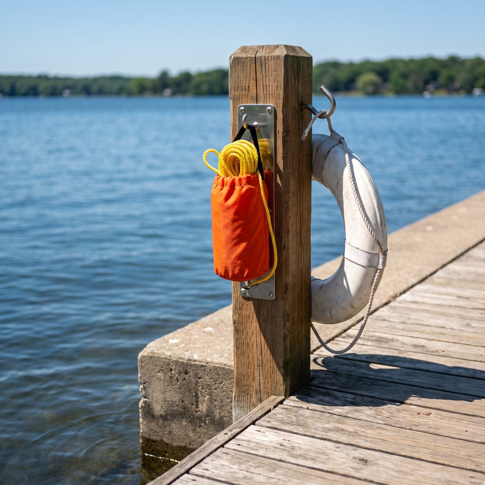 A Rescue Throw Bag Mounted Near the Water