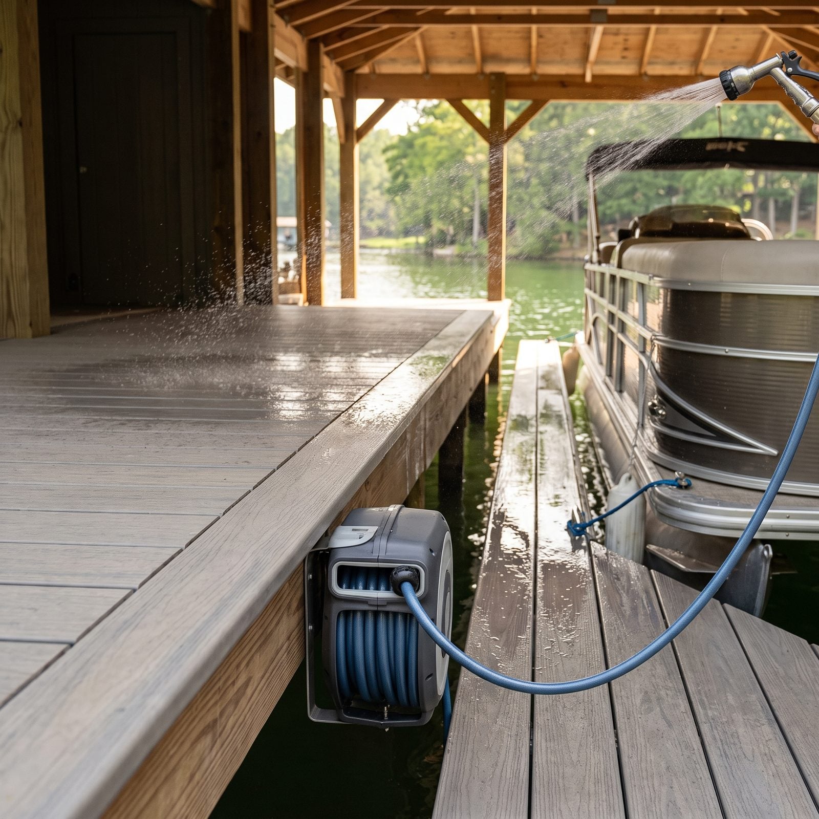 A Retractable Washdown Hose Reel Under the Dock Edge