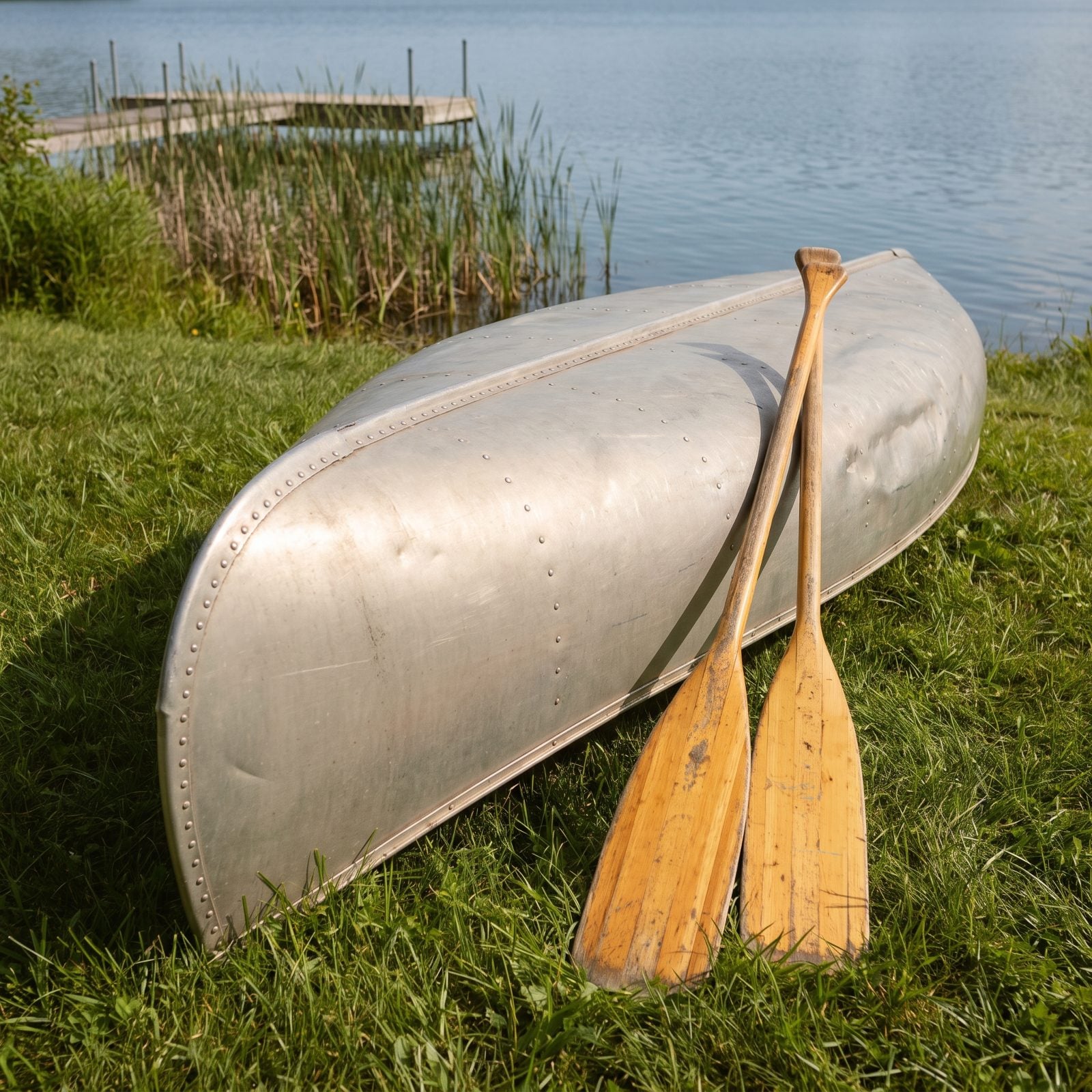 A Riveted Aluminum Canoe Flipped Belly-Up on the Bank