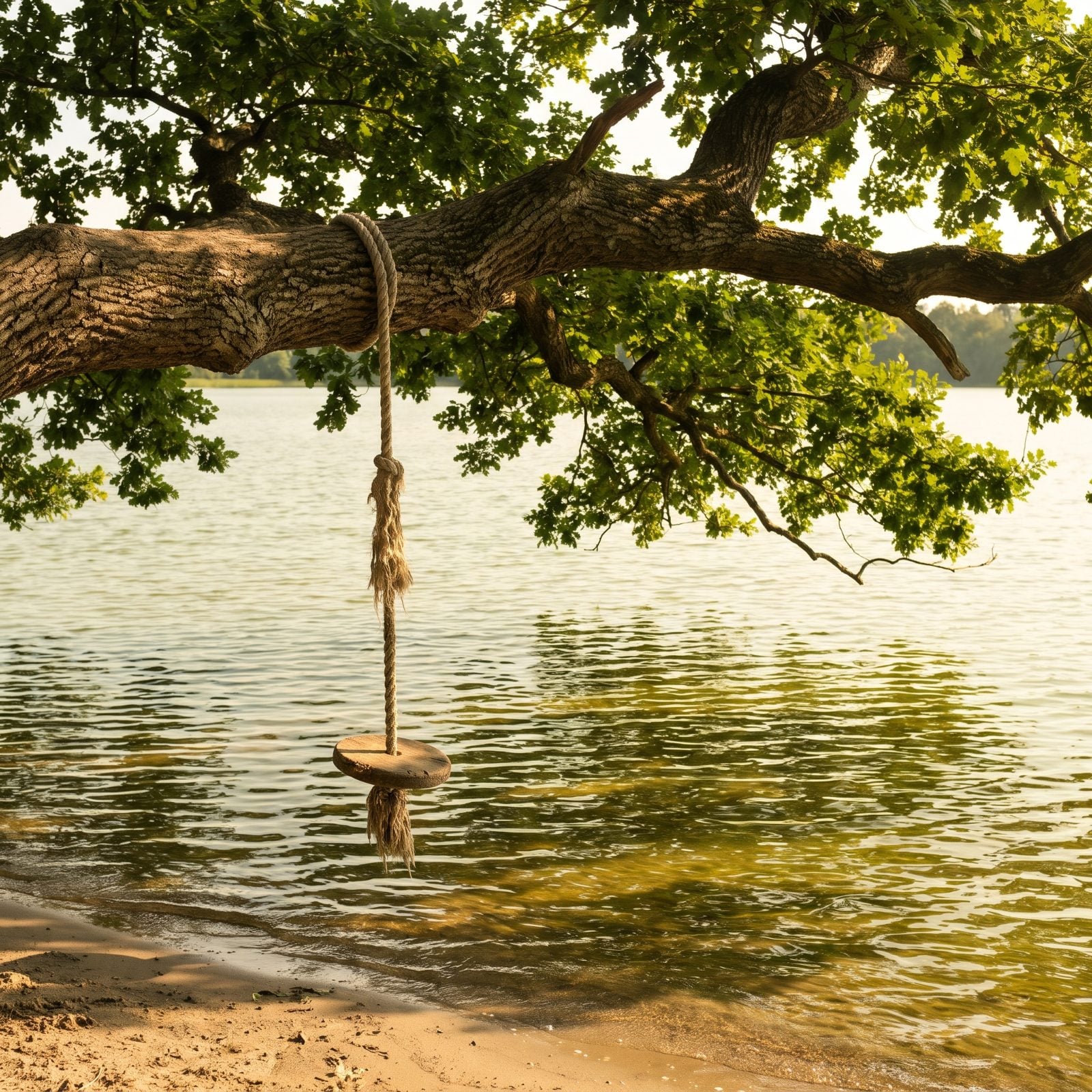 A Rope Swing Slung From a Lakeside Oak