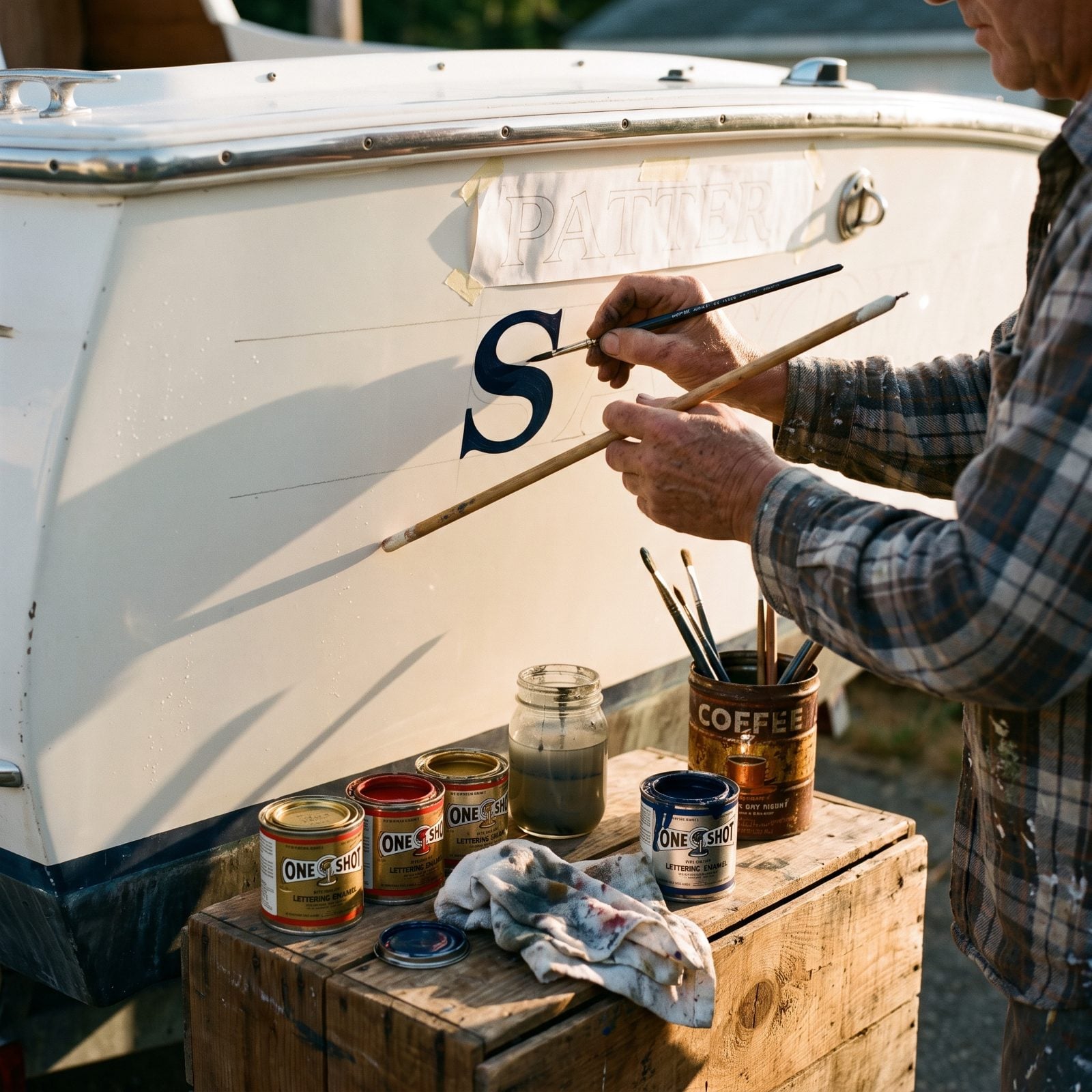 A Sign Painter Lettering a Transom Name by Hand