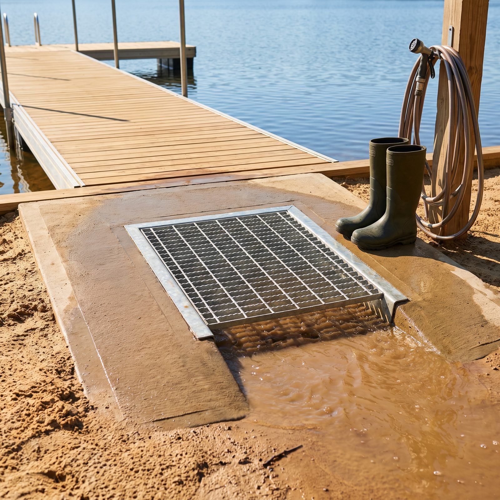 A Sloped Boot-Rinse Grate That Drains Mud Before It Reaches the Dock